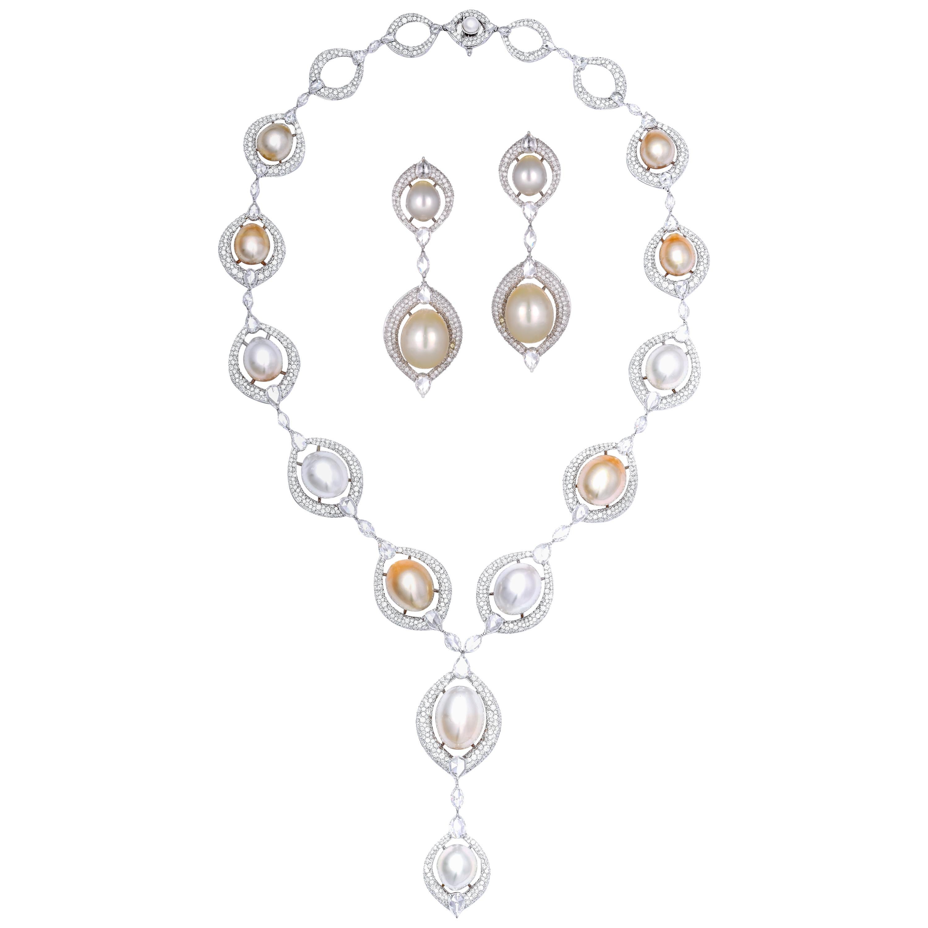 Natural South Pearl and Diamond Necklace with Earrings For Sale