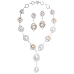 Natural South Pearl and Diamond Necklace with Earrings