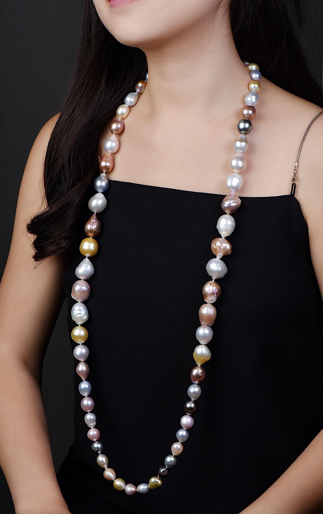 This large sized strand of pearls with sizes from 11.5-20mm in a very unique variation.  All pearls are semi baroque in shape and very evenly matched in their luster, and unique organic shapes. The pearls come from the pearl producing area of Deep