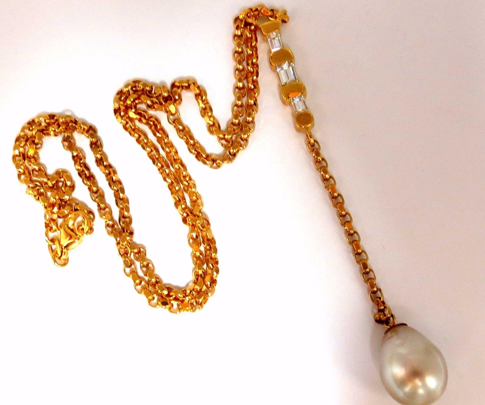 Natural South Sea Pearl 1.01 Carat Emerald Cut Diamonds Necklace Drop Bolo For Sale 5