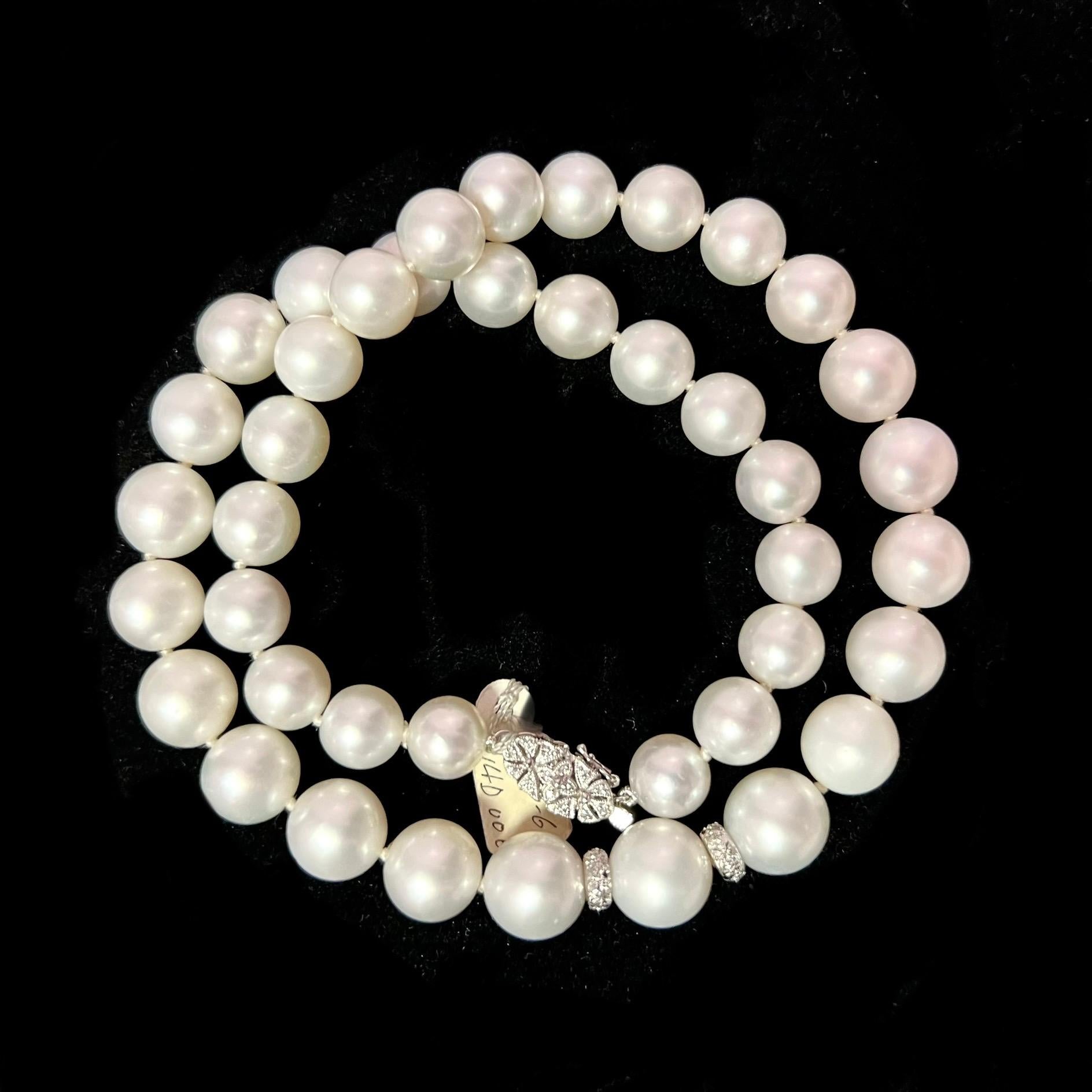 Natural South Sea Pearl Diamond Necklace 14k W Gold Certified In New Condition For Sale In Brooklyn, NY
