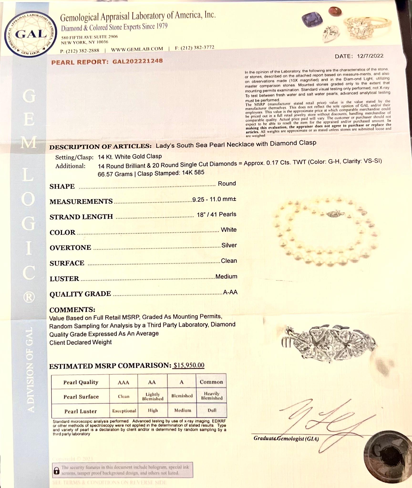 Collier de perles naturelles des mers du Sud et de diamants 14 carats certifiés en vente 4
