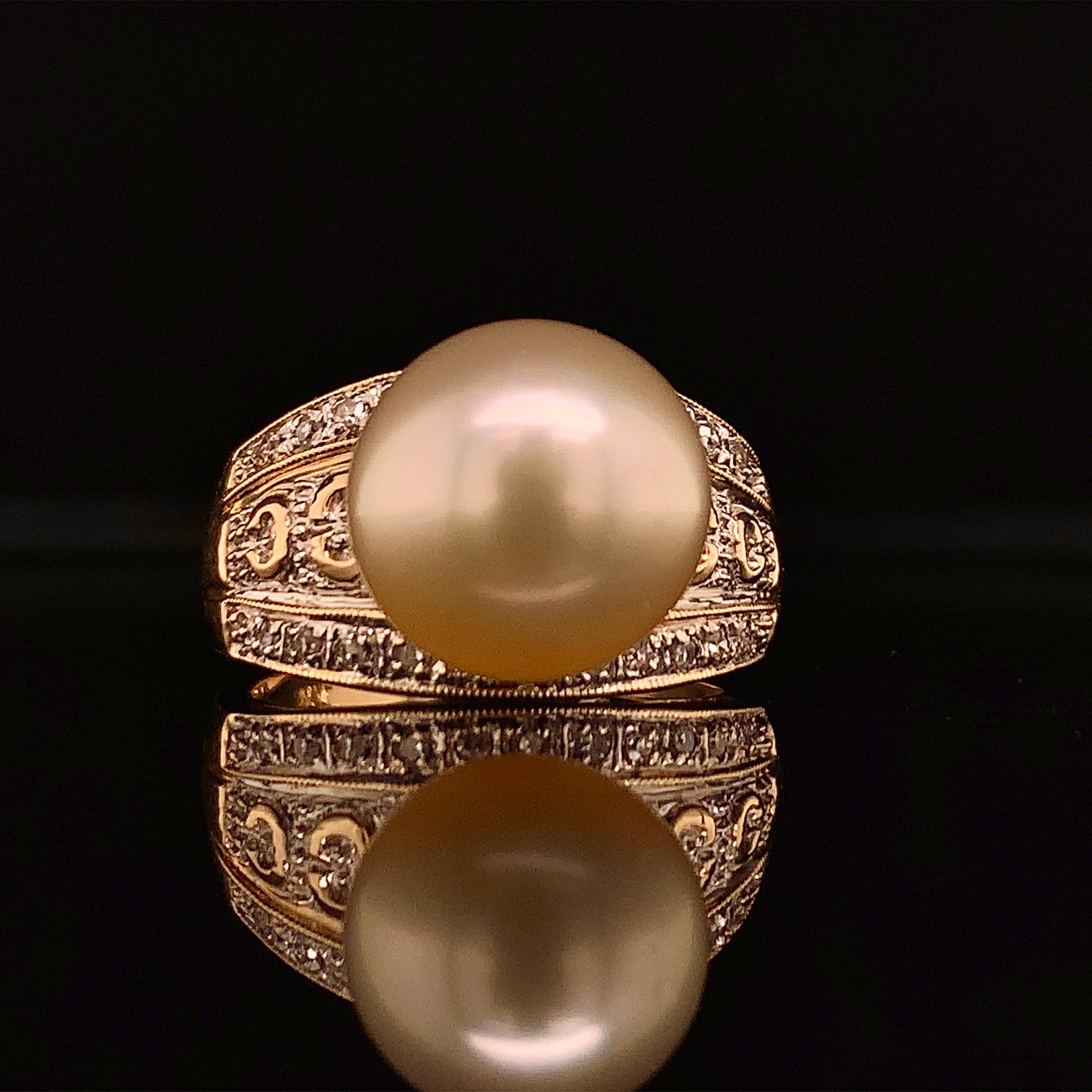 Natural South Sea Pearl Diamond Ring 7 14k Yellow Gold 0.14 CTs Certified For Sale 6