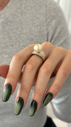 Anello di diamanti con perle naturali dei mari del sud 7 in oro giallo 14k 0,14 CT certificati