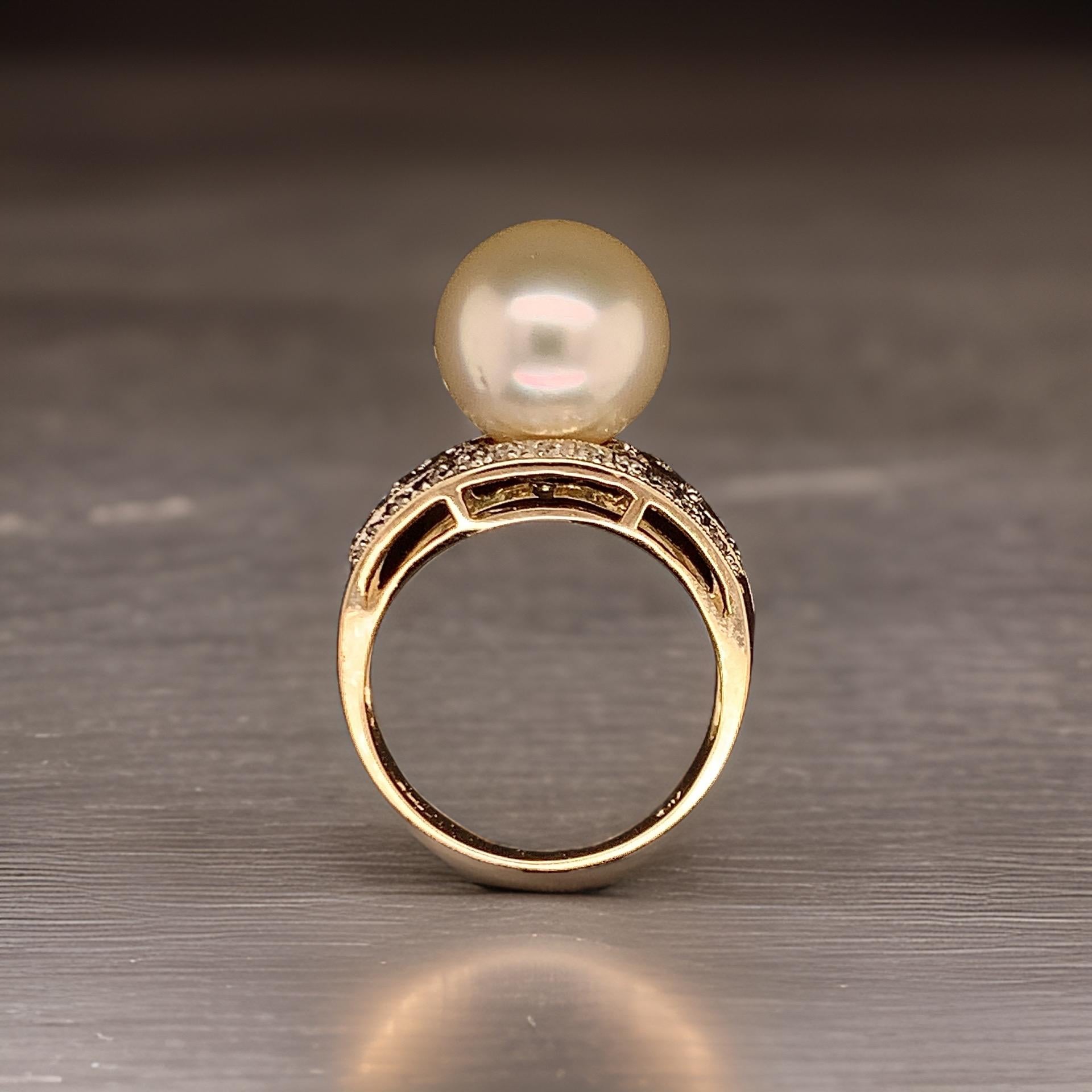 Natural South Sea Pearl Diamond Ring 7 14k Yellow Gold 0.14 CTs Certified In New Condition For Sale In Brooklyn, NY
