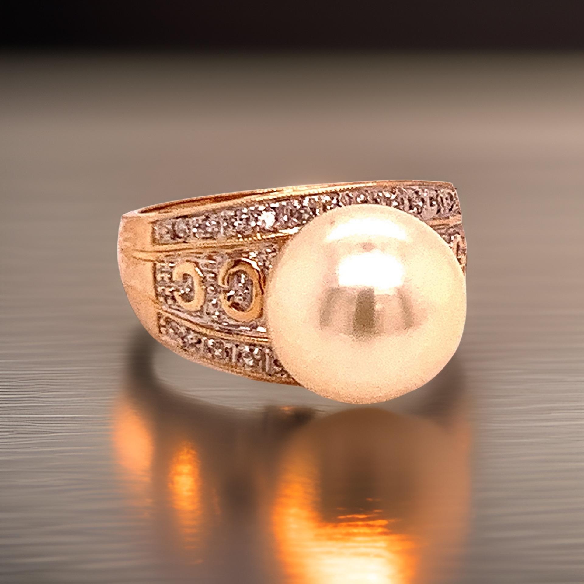 Women's Natural South Sea Pearl Diamond Ring 7 14k Yellow Gold 0.14 CTs Certified For Sale