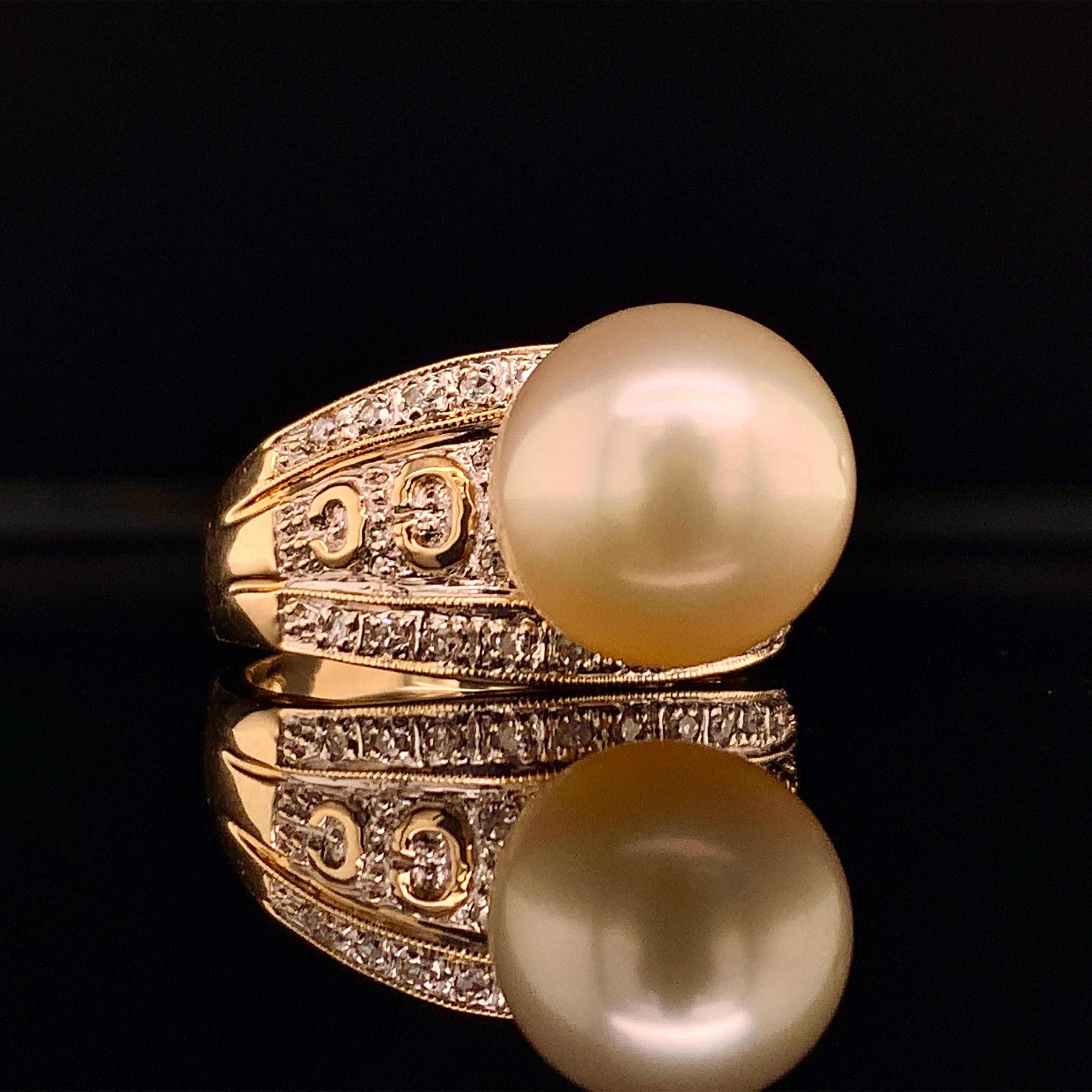 Natural South Sea Pearl Diamond Ring 7 14k Yellow Gold 0.14 CTs Certified For Sale 1