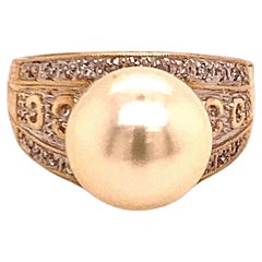 Natural South Sea Pearl Diamond Ring 7 14k Yellow Gold 0.14 CTs Certified