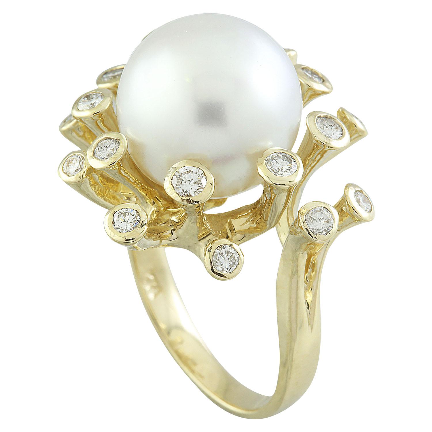 Round Cut Natural South Sea Pearl Diamond Ring In 14 Karat Yellow Gold  For Sale