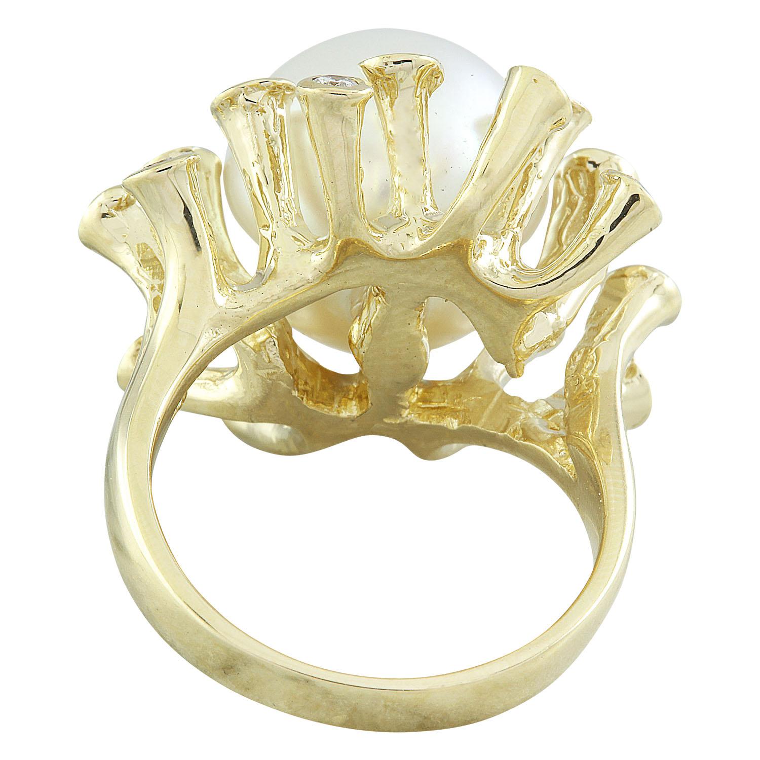 Women's Natural South Sea Pearl Diamond Ring In 14 Karat Yellow Gold For Sale