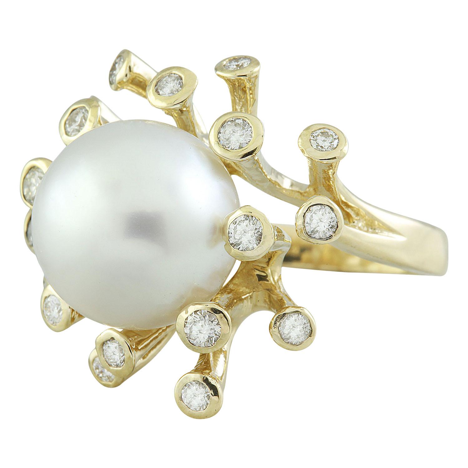 Natural South Sea Pearl Diamond Ring In 14 Karat Yellow Gold  For Sale 1