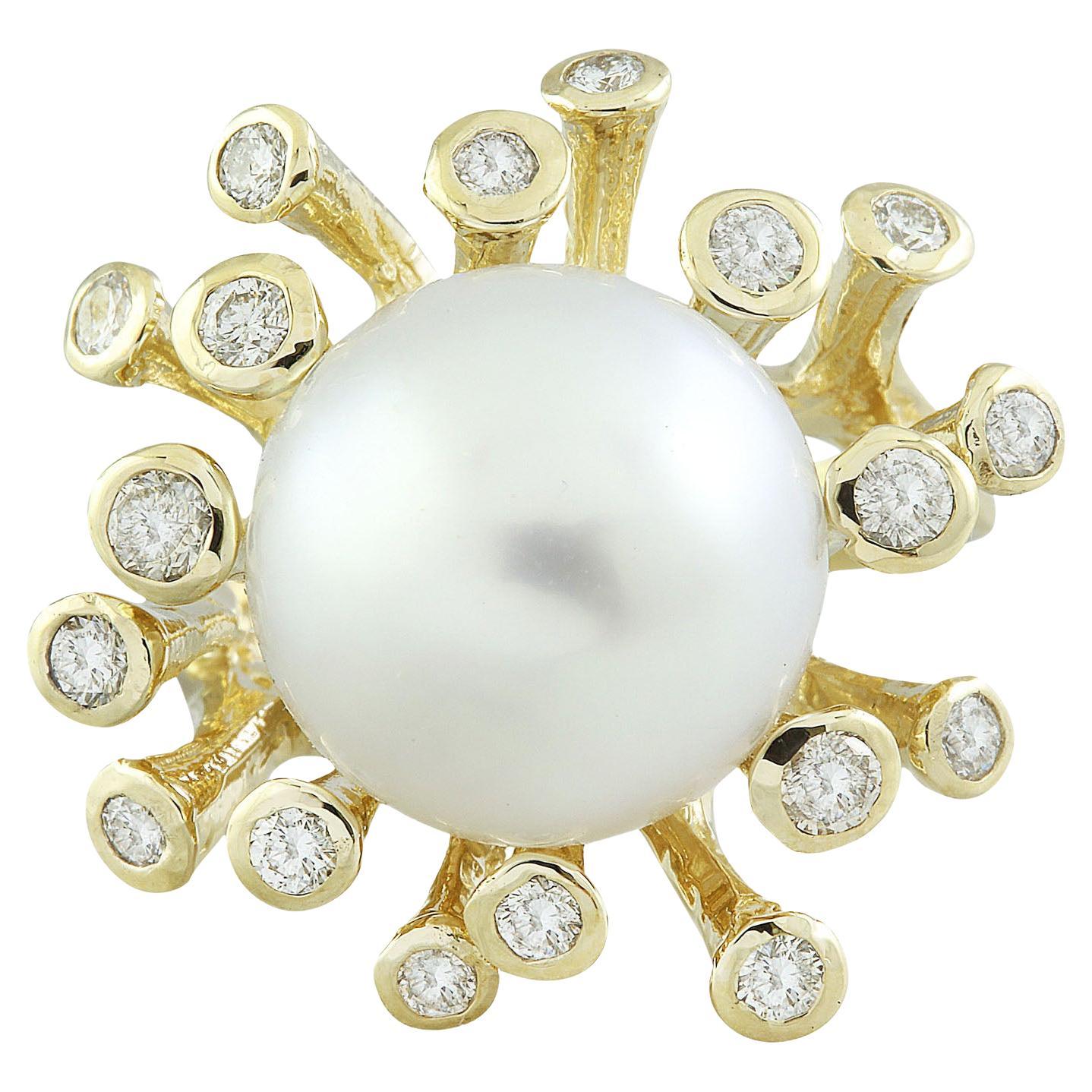 Natural South Sea Pearl Diamond Ring In 14 Karat Yellow Gold  For Sale