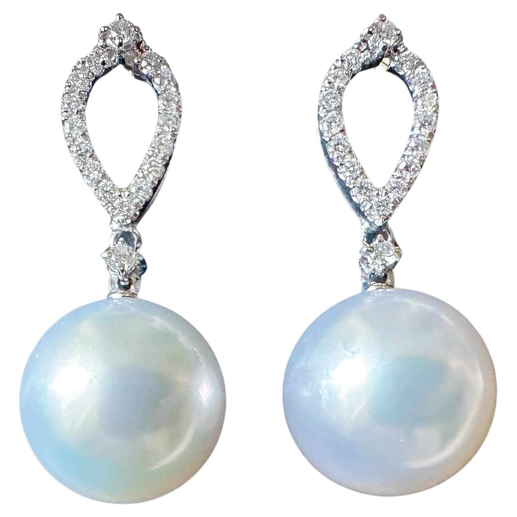 Natural South Sea Pearl Drop Earrings in 18K White Gold with Diamond