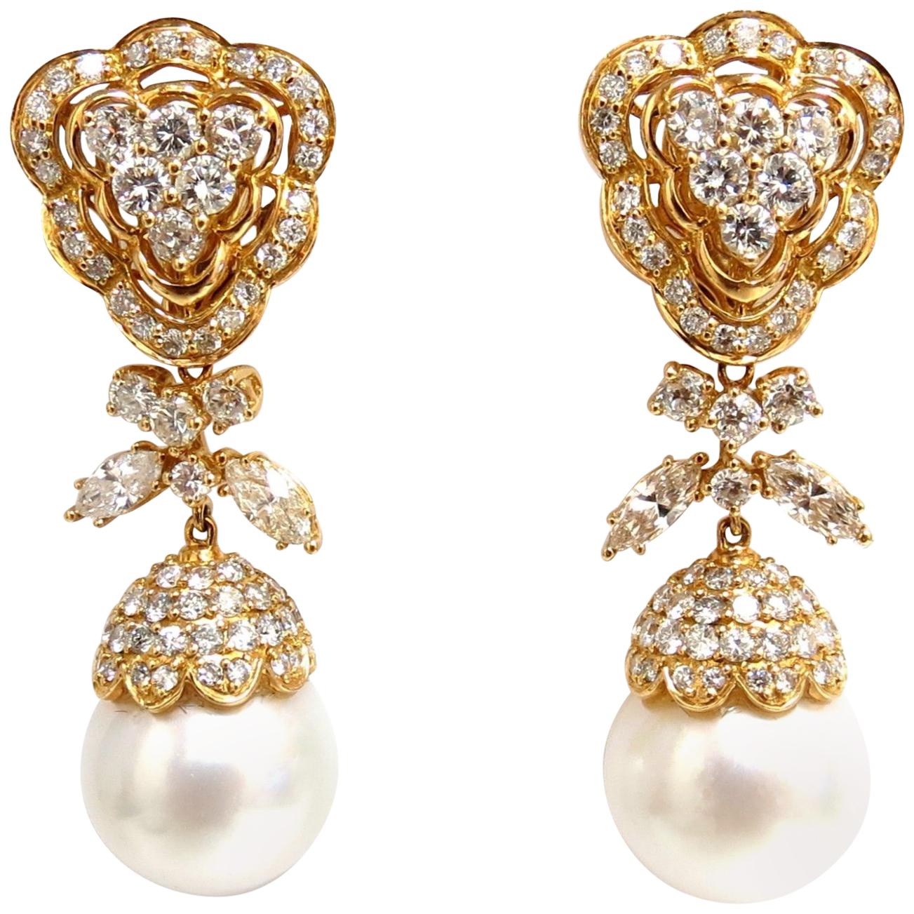Natural South Sea Pearls 7.50 Carat Diamonds Dangle Earrings 18 Karat For Sale