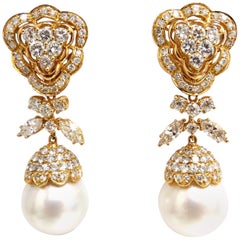 Natural South Sea Pearls 7.50 Carat Diamonds Dangle Earrings 18 Karat