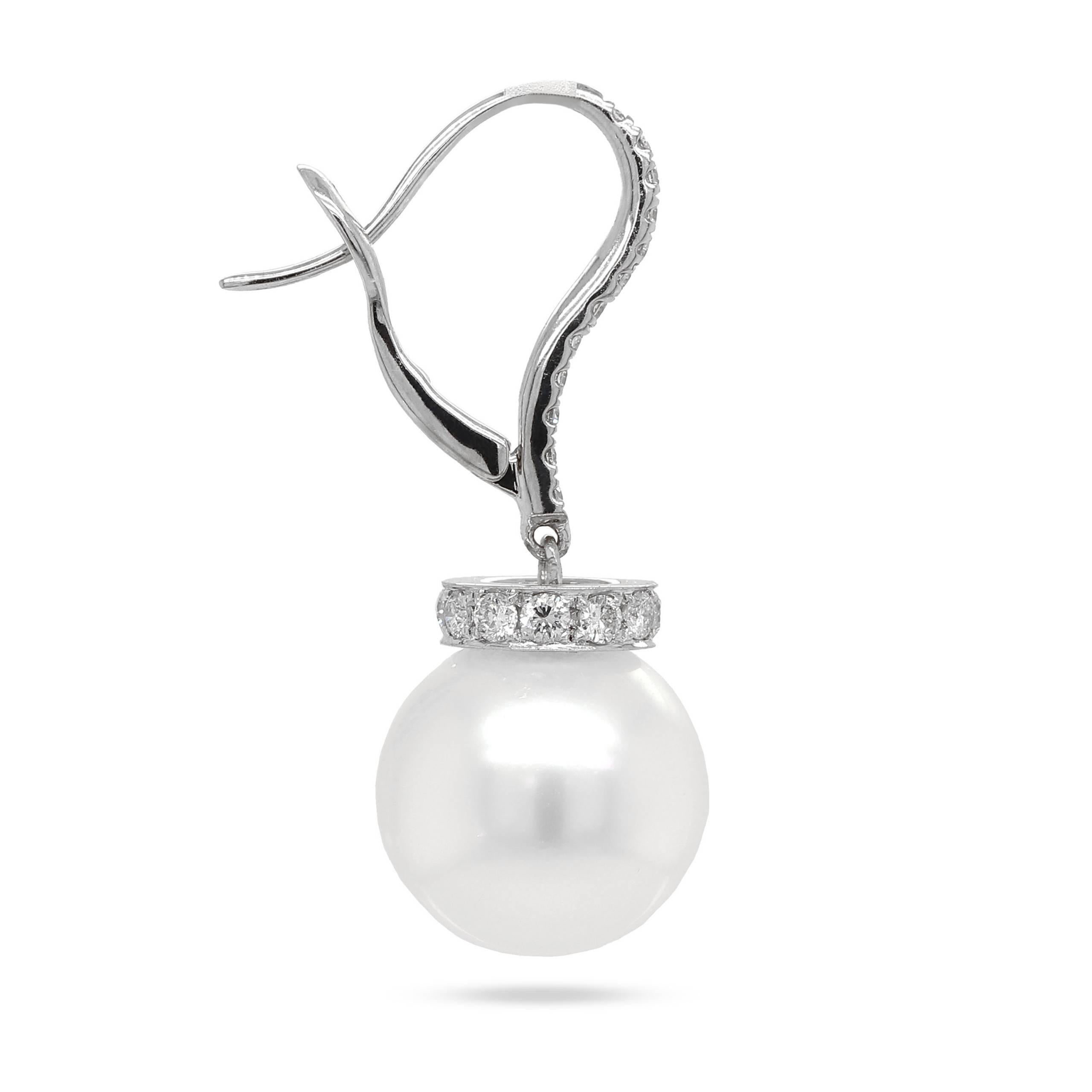 Brilliant Cut Natural South Sea Pearls Earrings in 14k White Gold For Sale