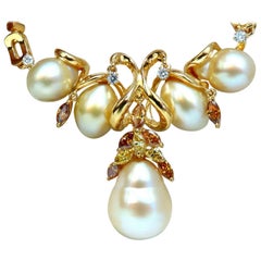 Natural South Sea Yellow Pearls Fancy Color Diamonds Lavaliere Necklace 14 Karat