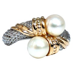 Natural South Seas Pearl Silver Inlay 18 Karat Gold Ring Cable Twist Deco