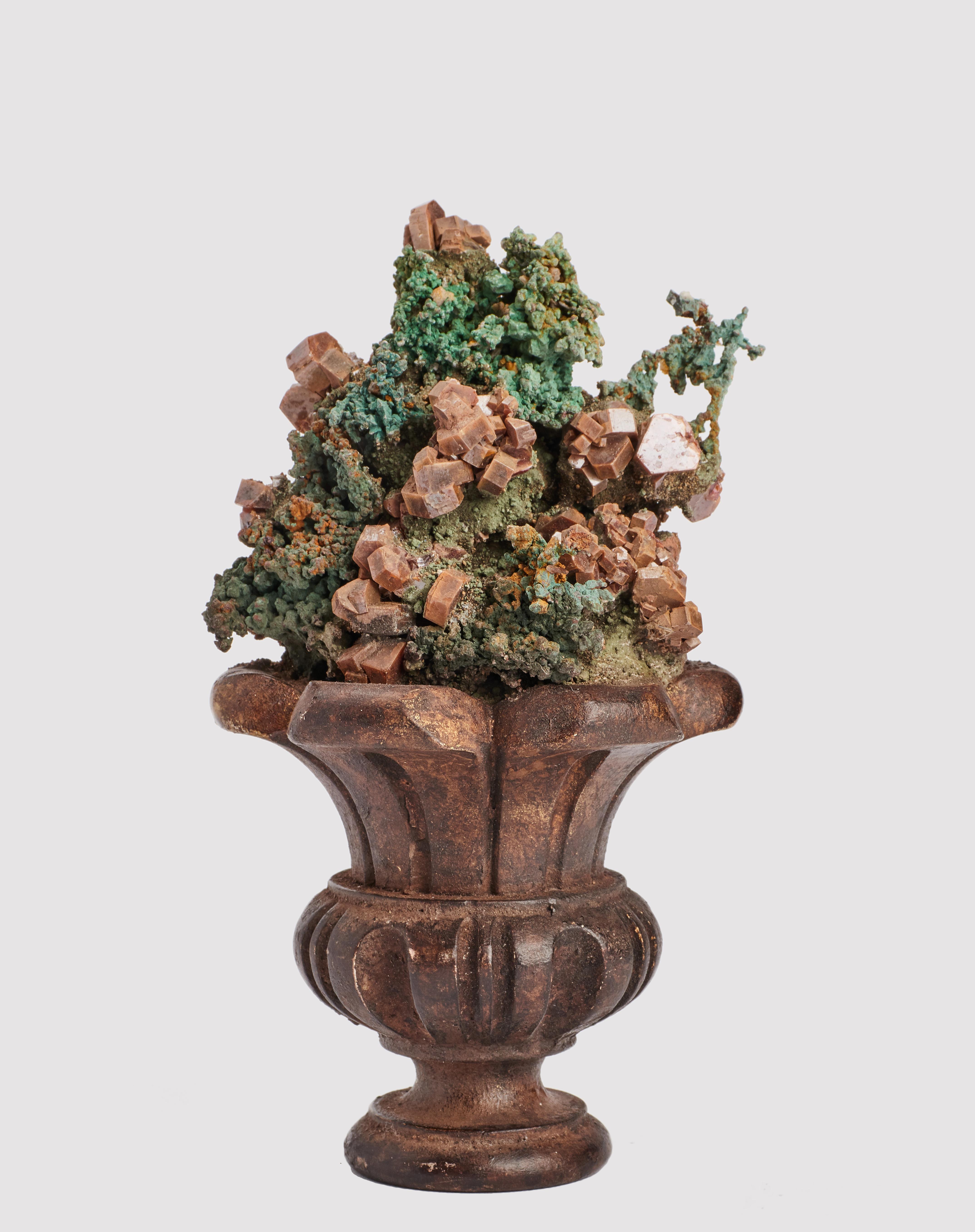 A Naturalia mineral specimen. A druze of Vanadinite and native copper crystals, mounted over carved lacquered wooden base, brown color. Italy, circa 1880.