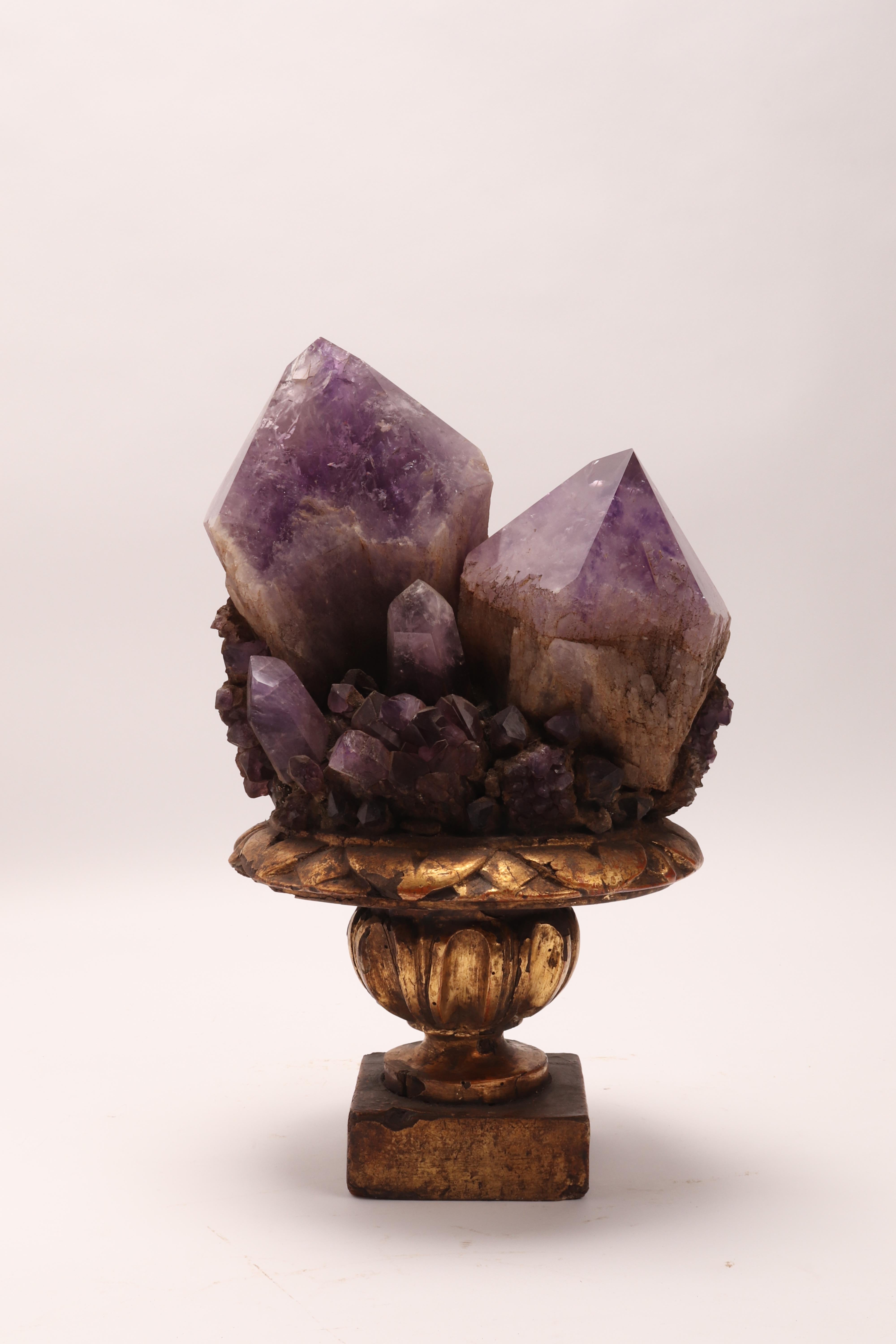A Naturalia mineral specimen. A pair of big amethyst crystals mounted over a guild-plated wooden base on a vase shape, Italy, circa 1880.