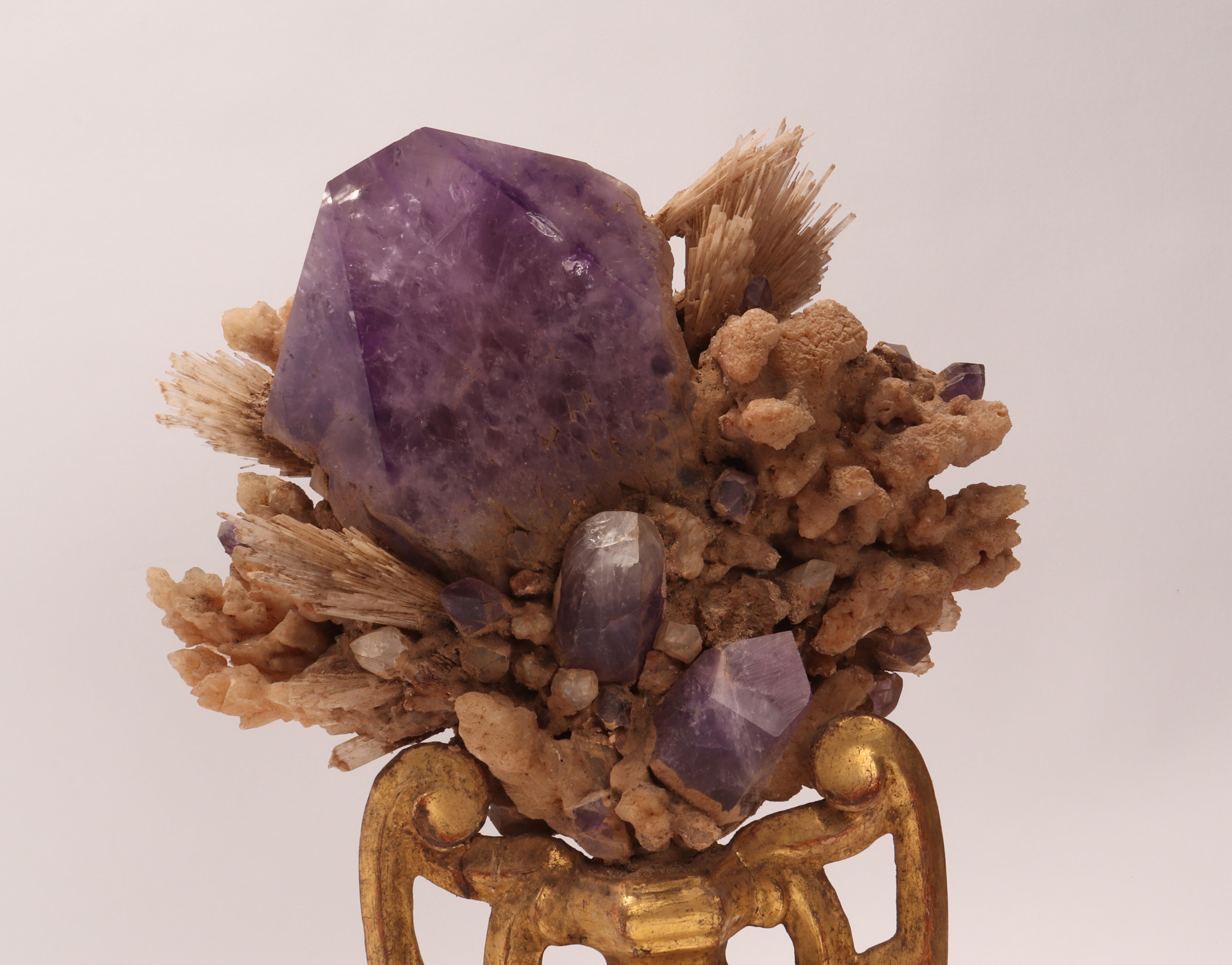 Italian Natural Specimen Amethyst and Calcite Flowers Crystals, Italy, 1880 For Sale