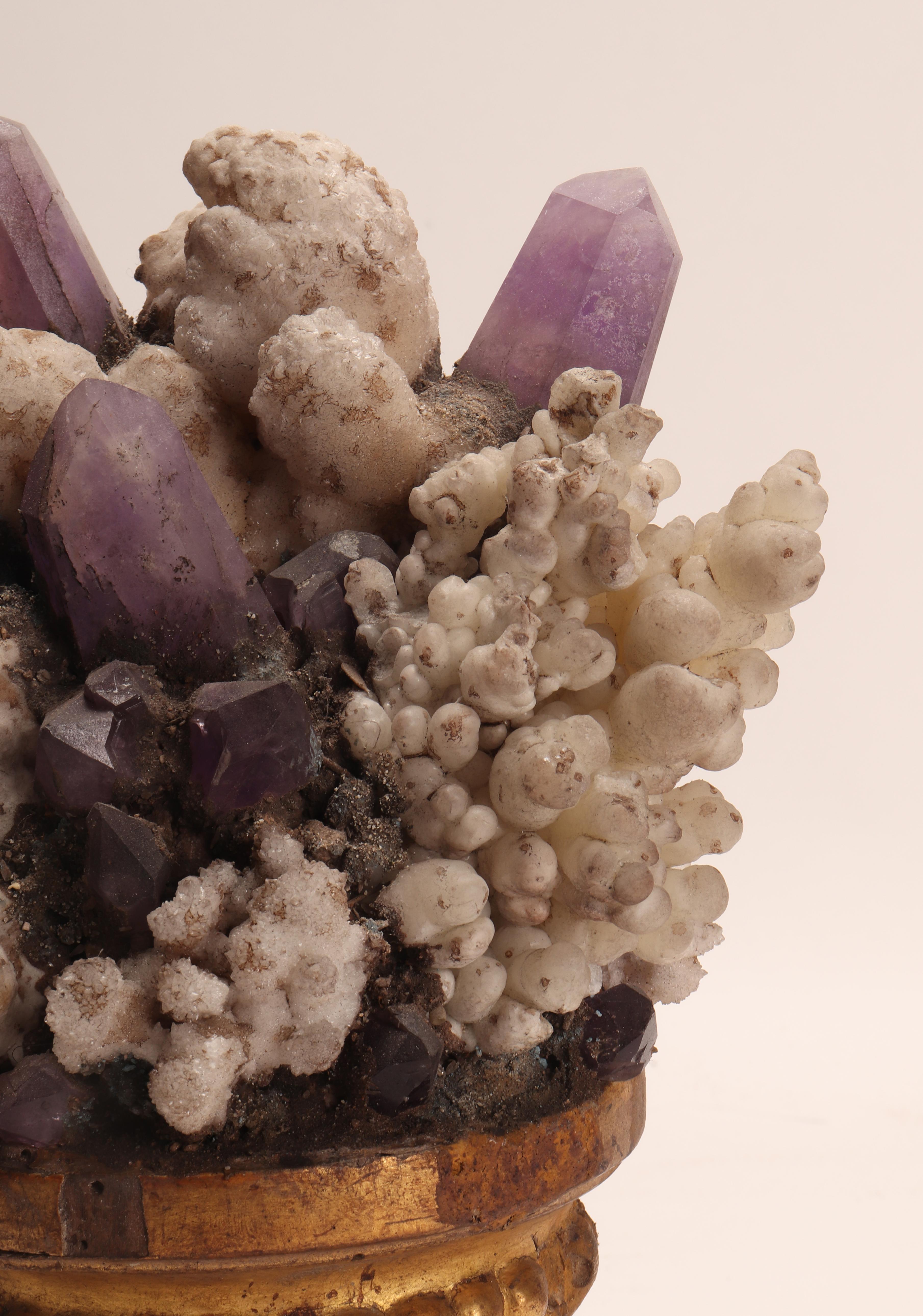 Italian Natural Specimen Amethyst and Calcite Flowers Crystals, Italy, 1880 For Sale