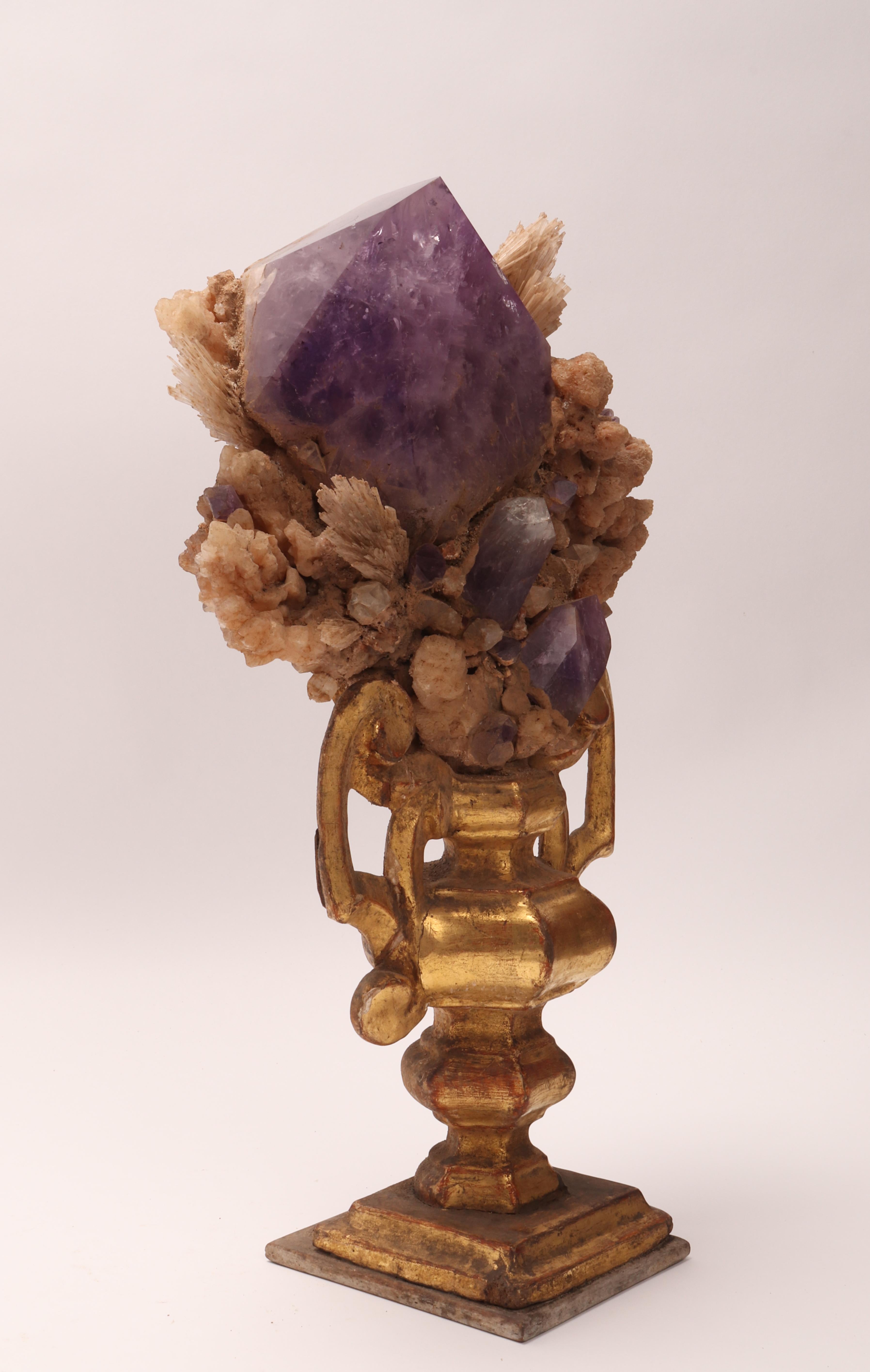Stone Natural Specimen Amethyst and Calcite Flowers Crystals, Italy, 1880 For Sale