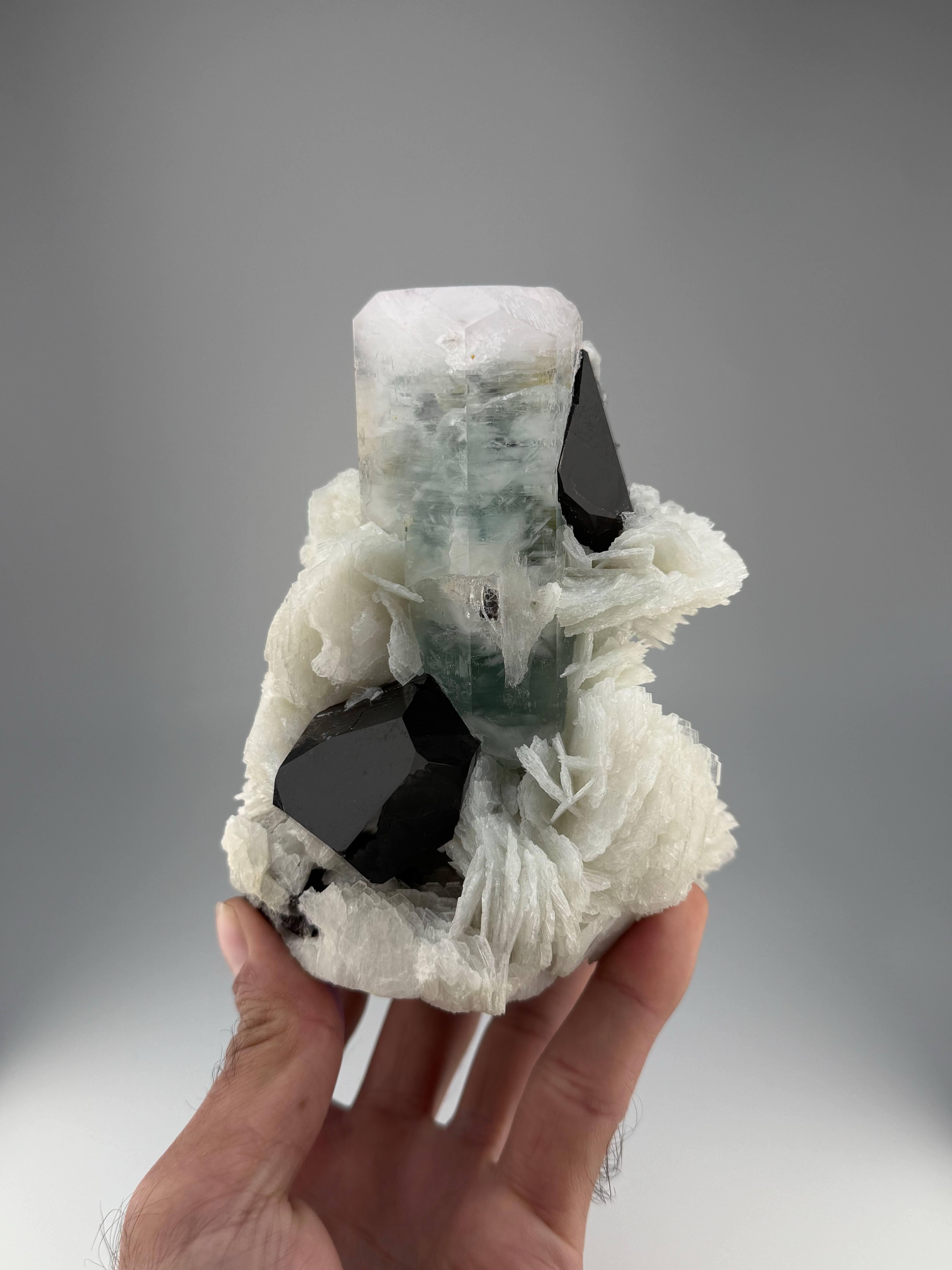 Natürliches Exemplar von Aqua-Morganit mit Rauchquarzkristallen aus Afghanistan im Angebot 3