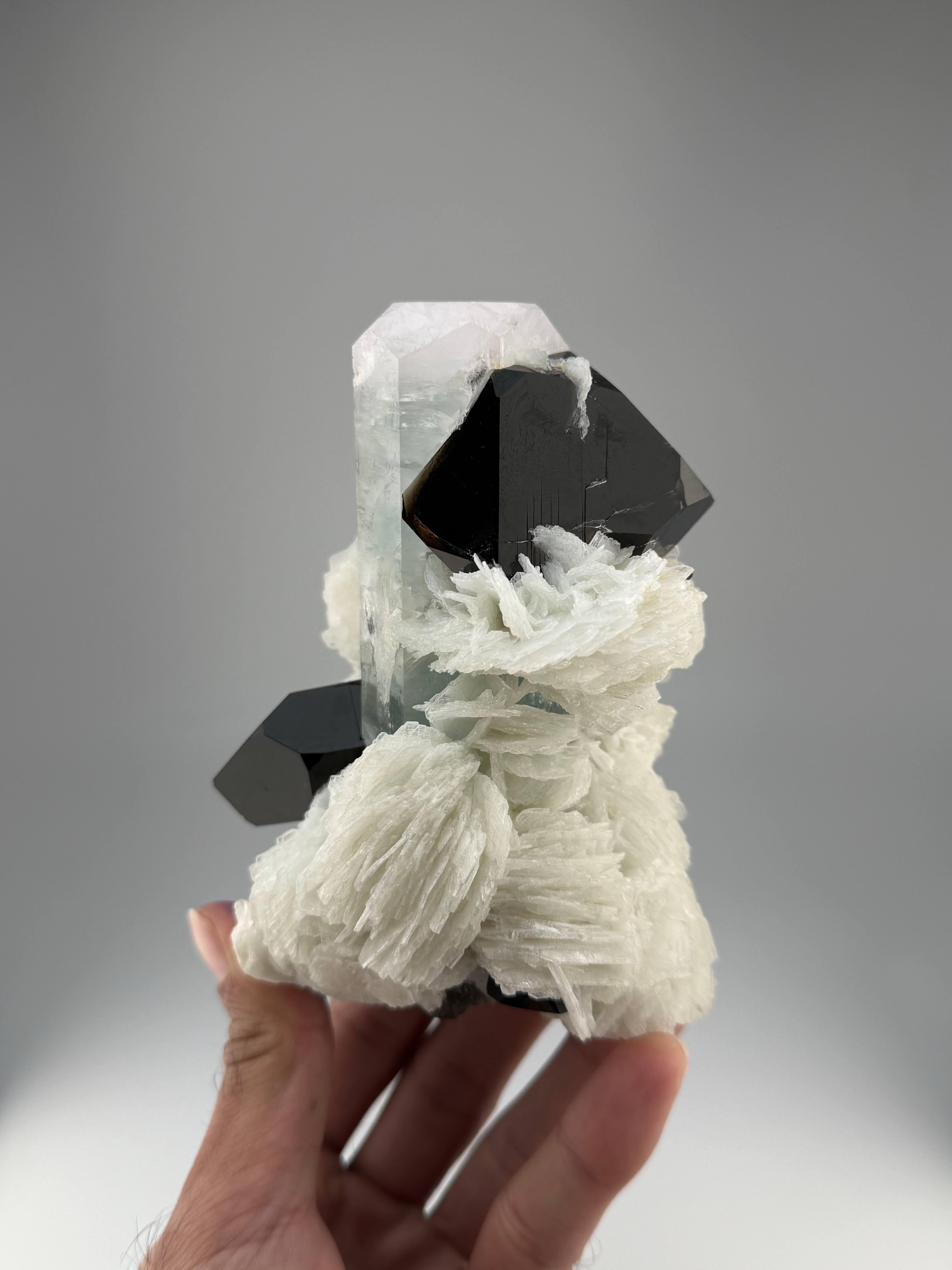 Natürliches Exemplar von Aqua-Morganit mit Rauchquarzkristallen aus Afghanistan im Angebot 4