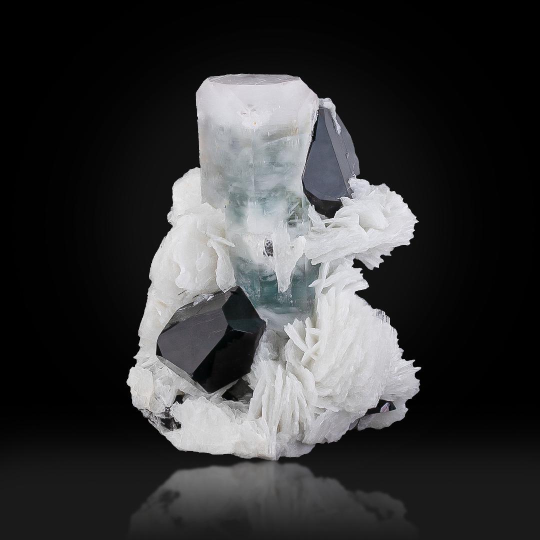 Probenart: Aqua-Morganit mit Rauchquarz
Gewicht: 1 kg
Abmessungen: H: 12,5 x B: 12 x T: 10 cm
Herkunft: Mine Watalak, Provinz Kunnar, Afghanistan 
Behandlung: Keine




Dieses natürliche Exemplar von Aqua-Morganit mit Rauchquarzkristallen aus