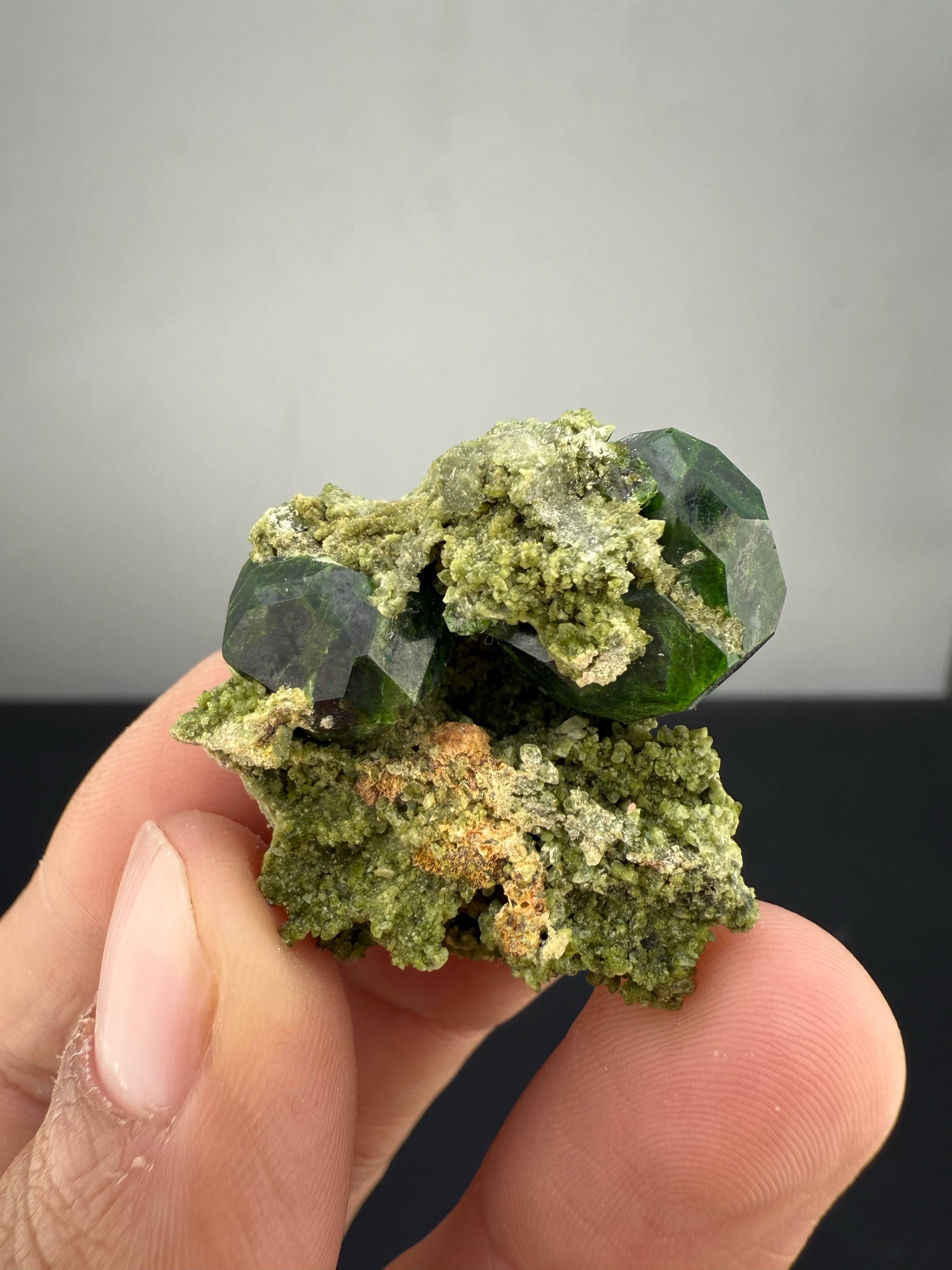 Contemporary Natural Specimen Of Green Demantoid Garnet Crystals On Matrix From Azerbaijan For Sale