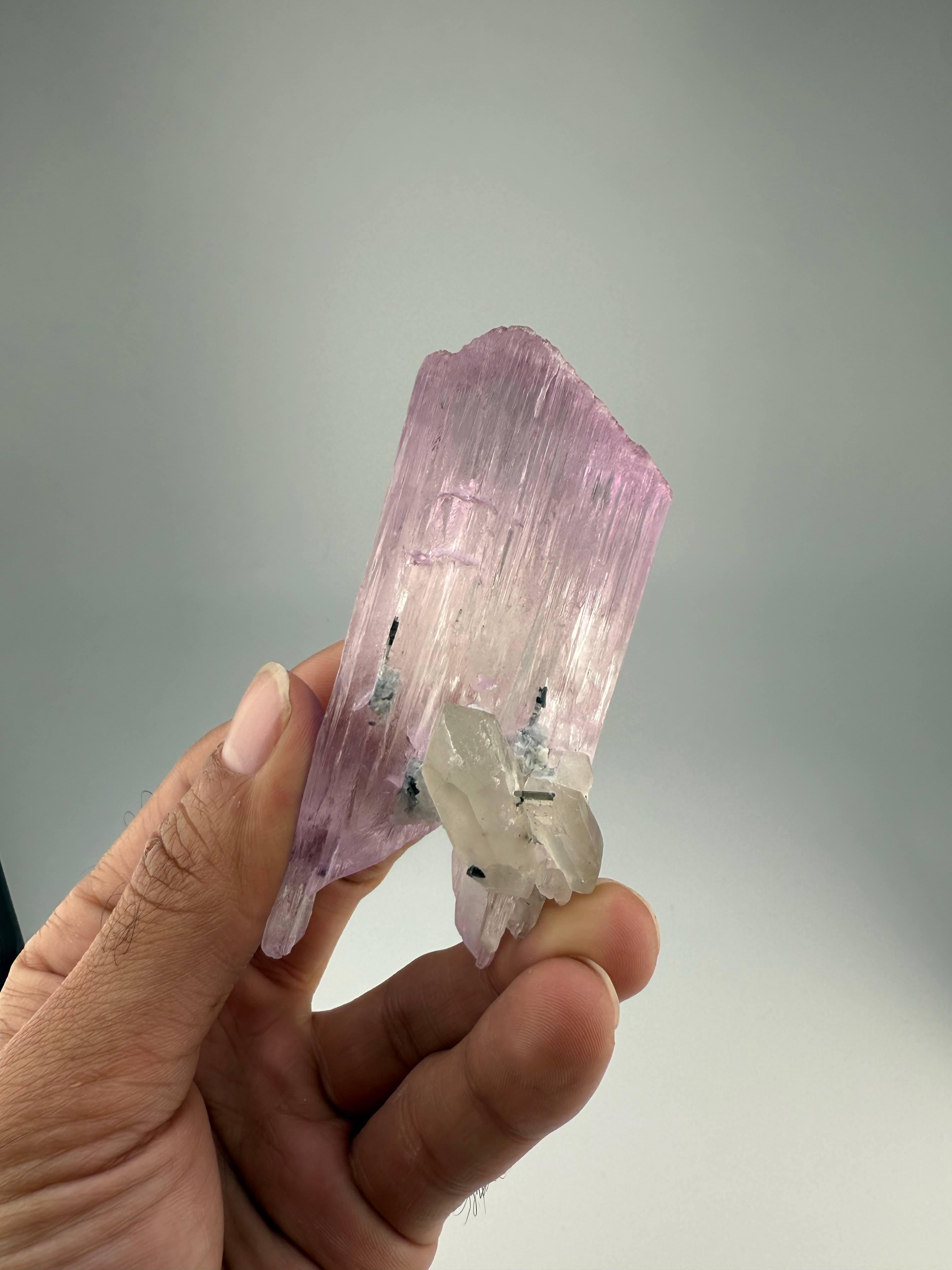 Art Deco Natural Specimen Of Kunzite With Tourmaline Crystals From Afghanistan For Sale