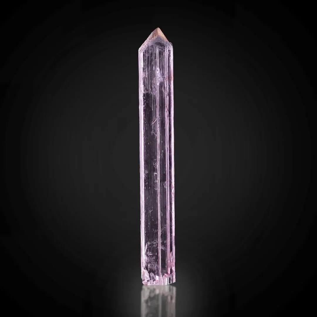 Type de spécimen : Kunzite
Poids : 92 grammes
Dimensions : H : 15,8 x L : 2 x P : 1 cm : H : 15,8 x L : 2 x P : 1 cm 
Origine : Mine Waygal, province du Nuristan, Afghanistan 
Traitement : Aucun




Ce spécimen naturel présente un cristal unique de