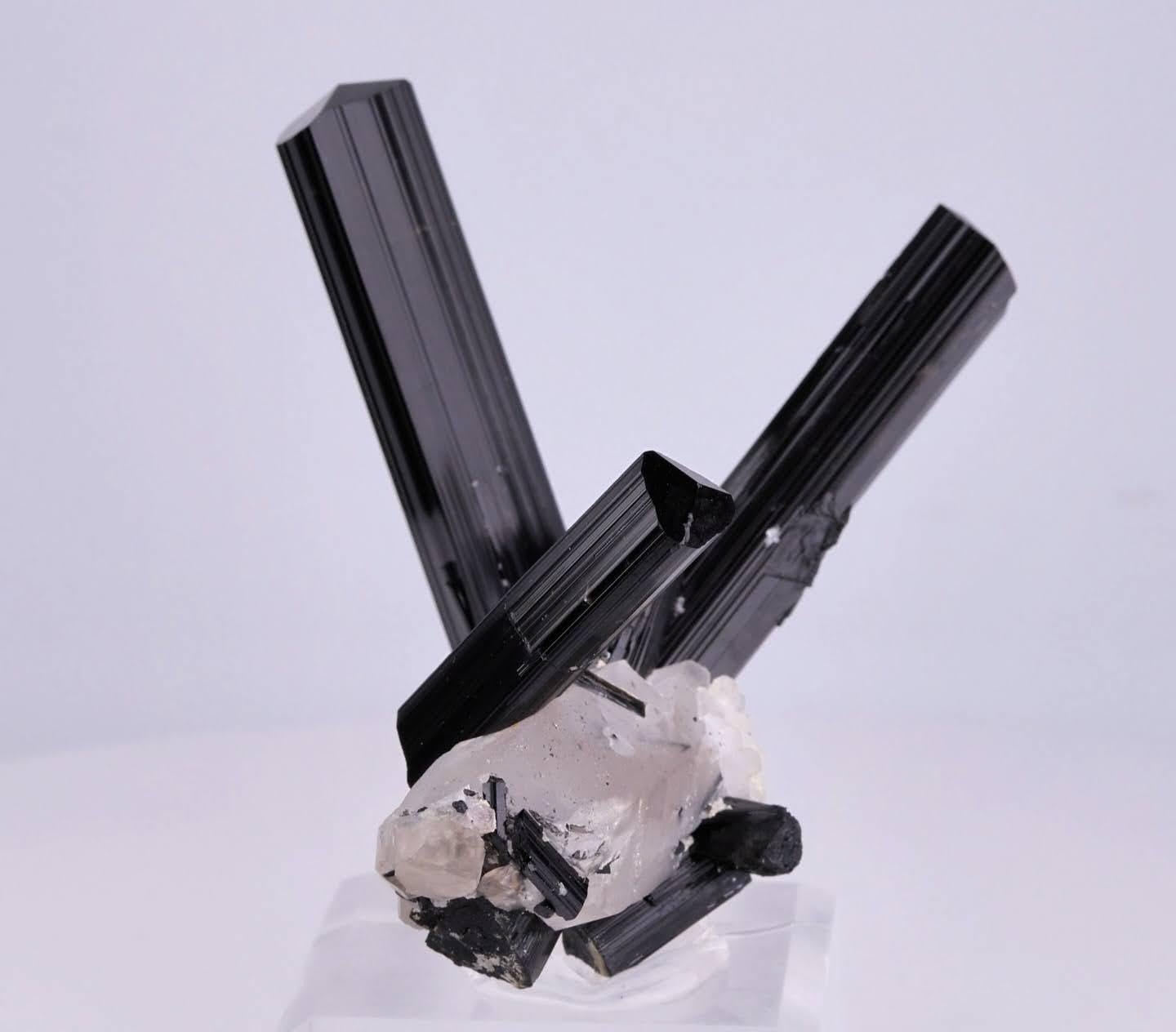 Specimen Type: Schorl on Quartz 
Weight: 108 grams
Dimension: H: 8.5 x W: 6.2 x D: 4.5 cm 
Origin: Shigar Valley, Skardu District, Gilgit Baltistan Province, Pakistan 
Treatment: None




This natural specimen showcases striking schorl black