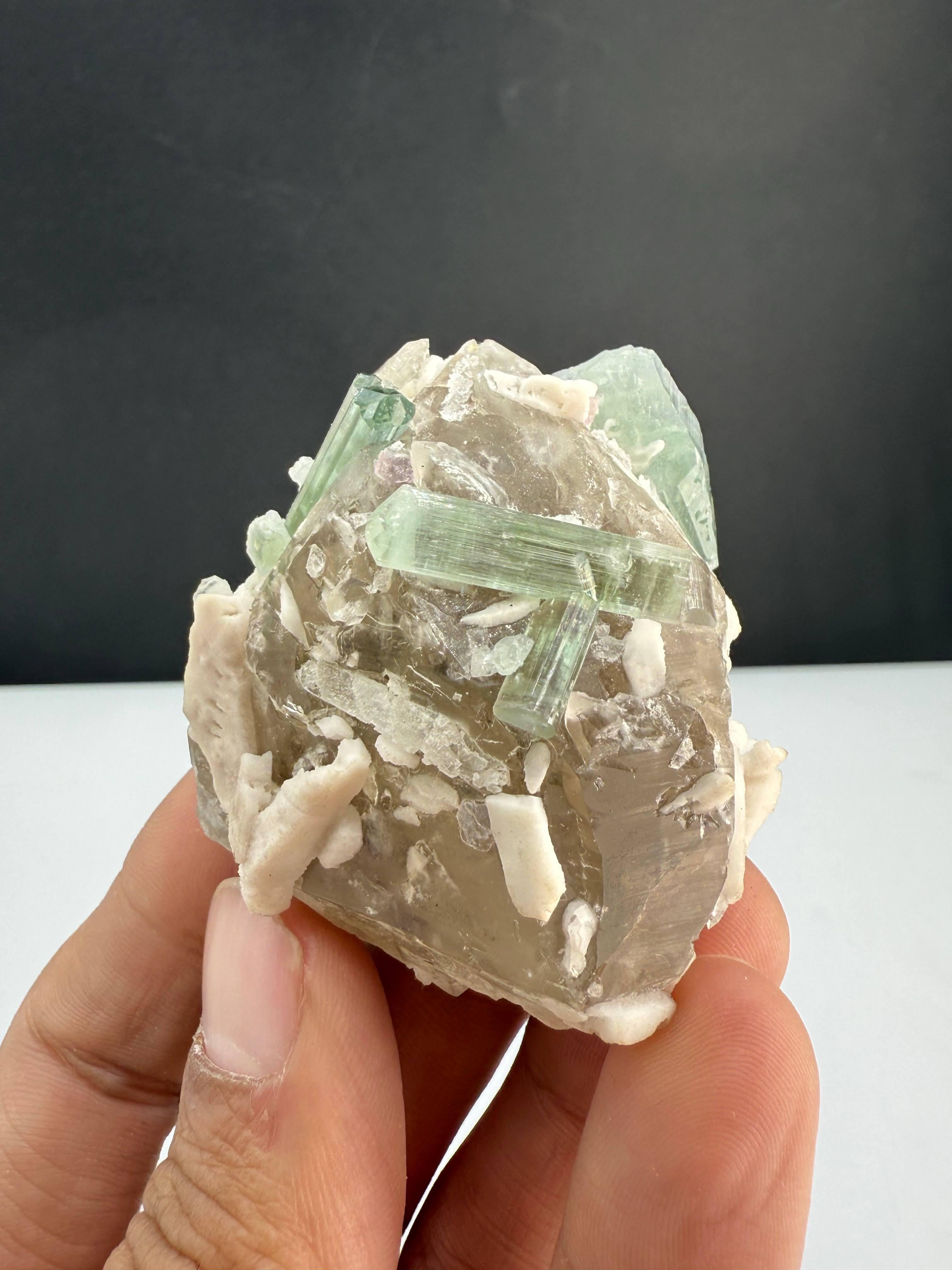 Natural Specimen Of Tourmaline Crystals On Smoky Quartz From Afghanistan In Good Condition For Sale In Peshawar, PK