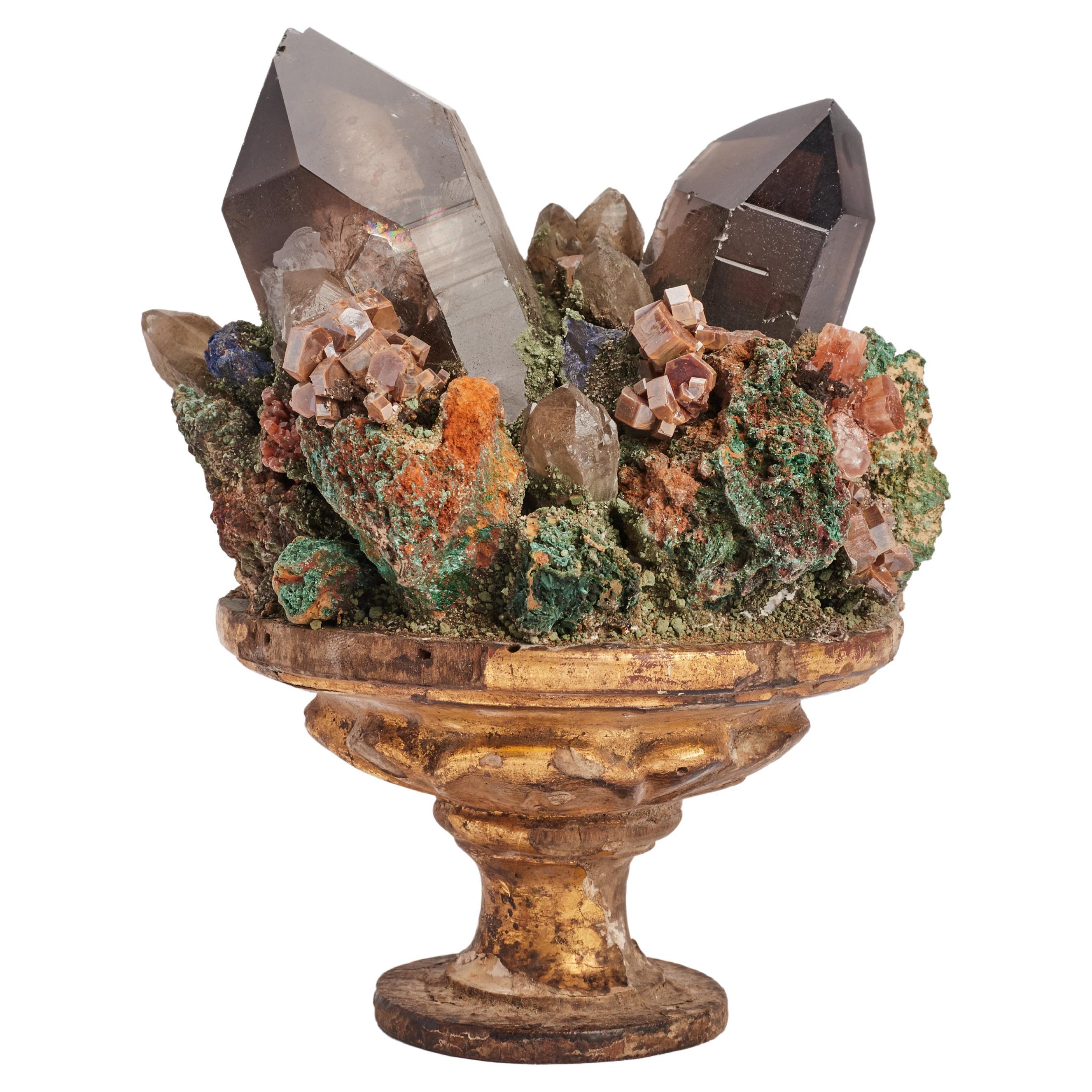 Natural Specimen, Smoky Quartz, Vanadinite, Malachite Crystals, Italy, 1880