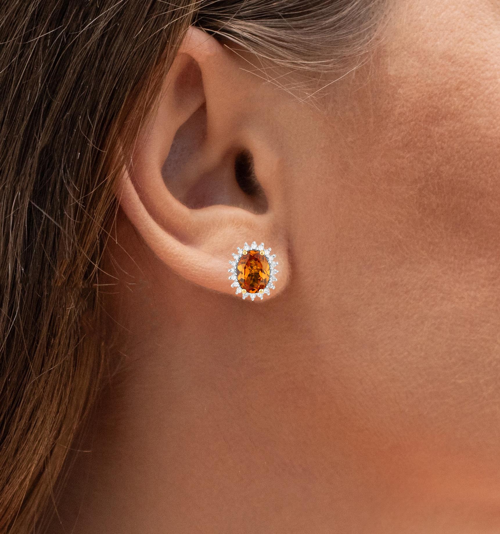 Contemporary Natural Spessartine Garnet Stud Earrings Diamond Halo 14K Yellow Gold For Sale