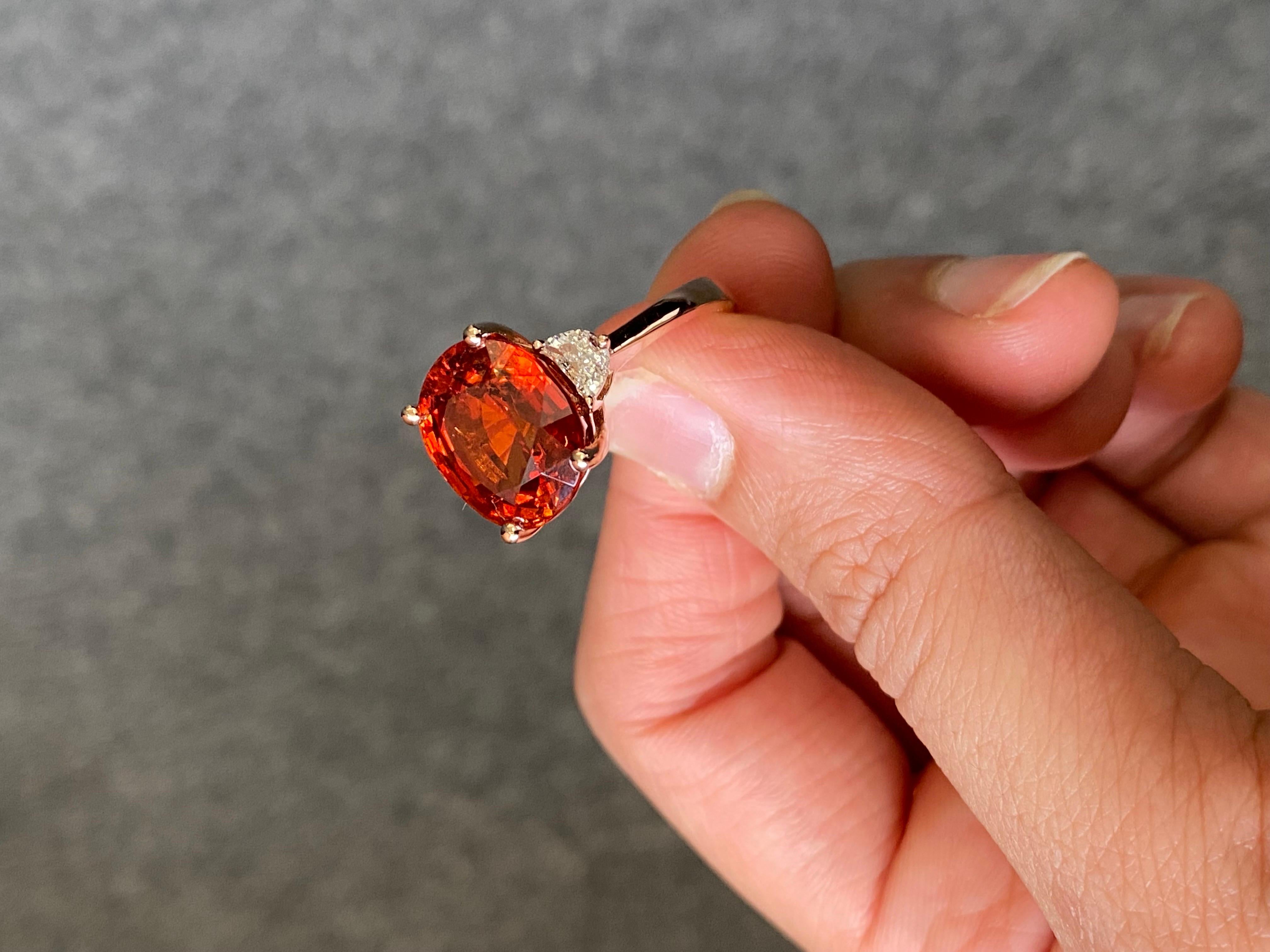 Modern Natural Mandarin Garnet and Diamond Three-Stone Engagement Ring 