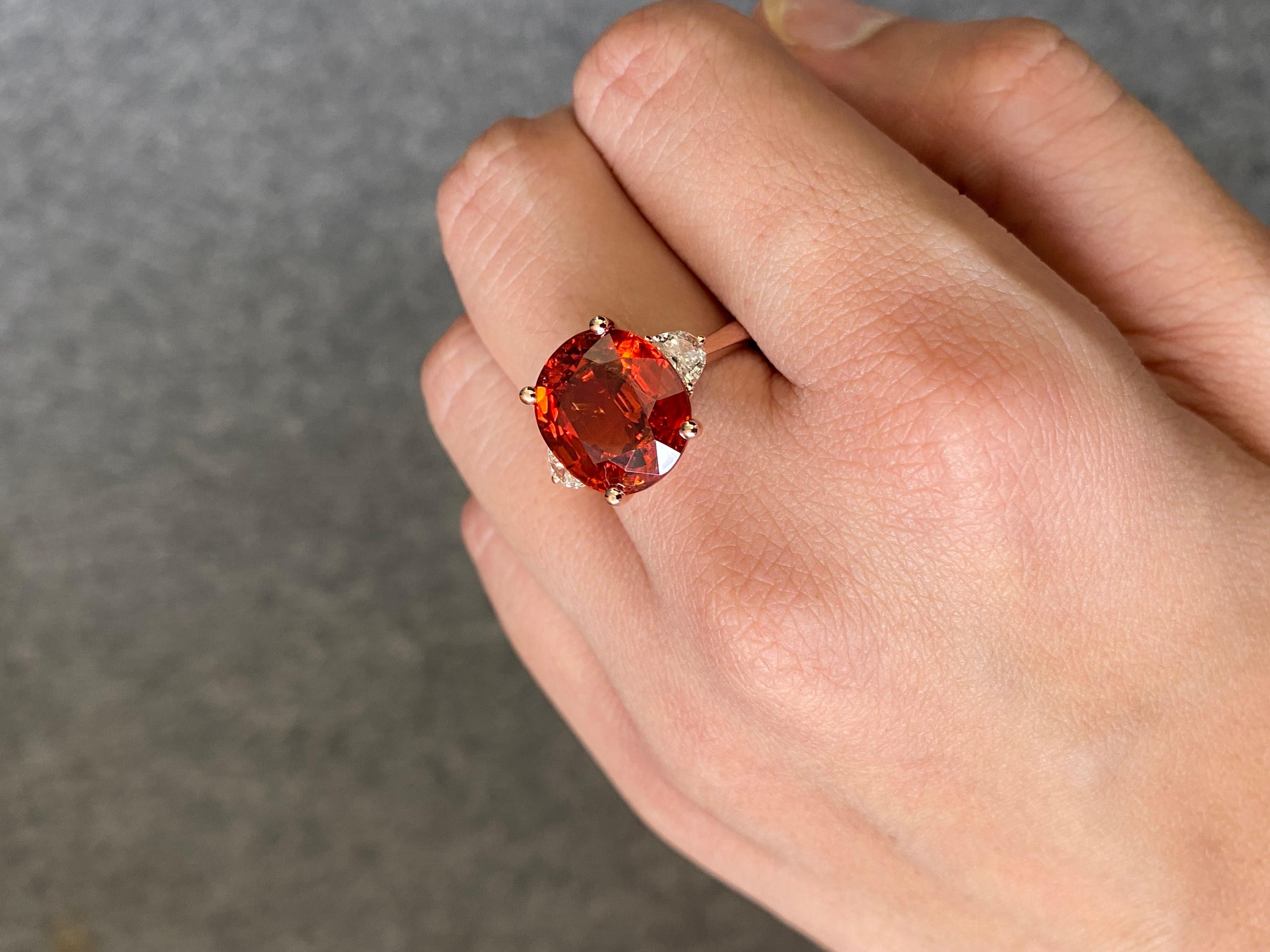 Oval Cut Natural Mandarin Garnet and Diamond Three-Stone Engagement Ring 