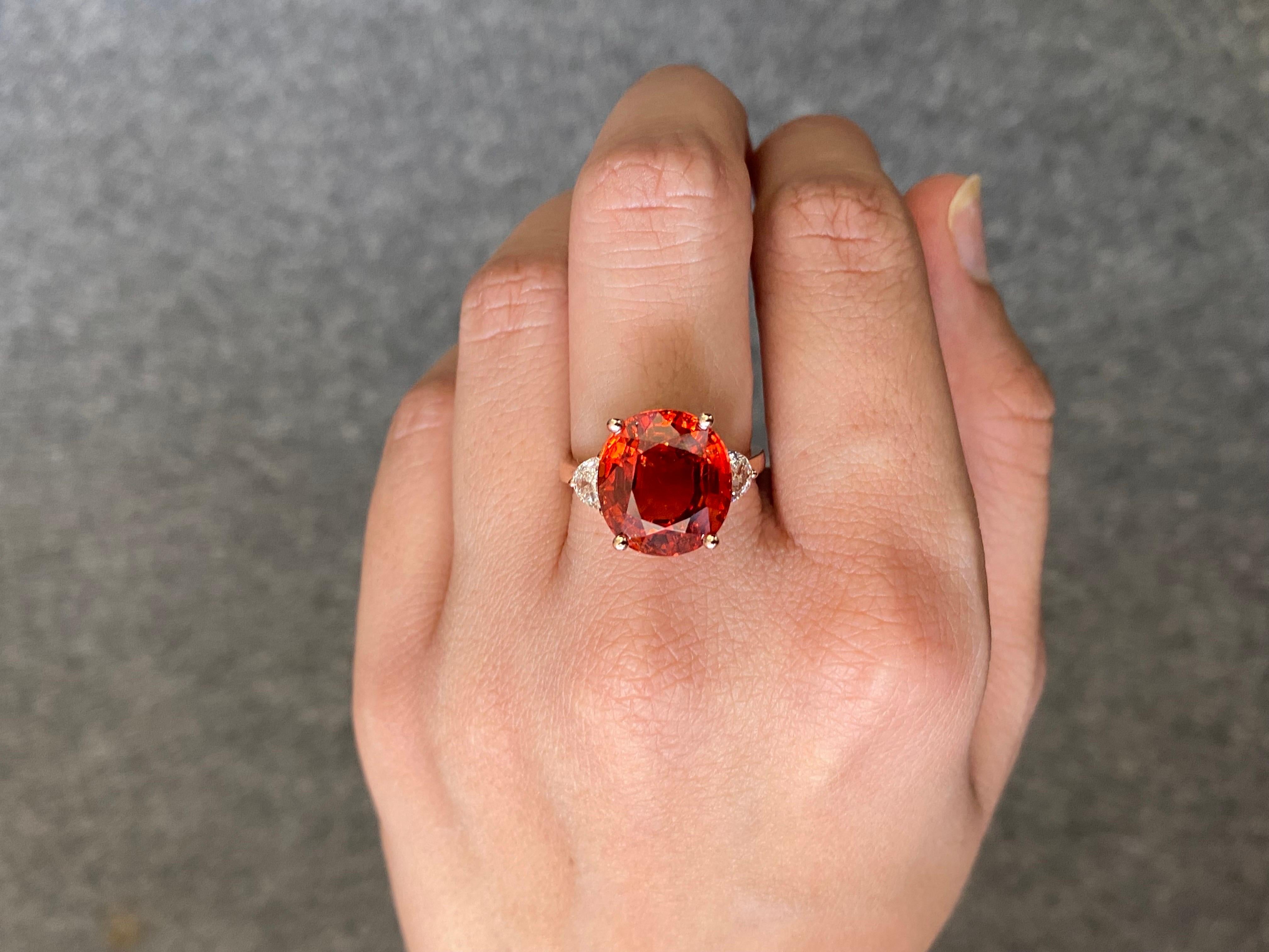 Natural Mandarin Garnet and Diamond Three-Stone Engagement Ring  In New Condition In Bangkok, Thailand