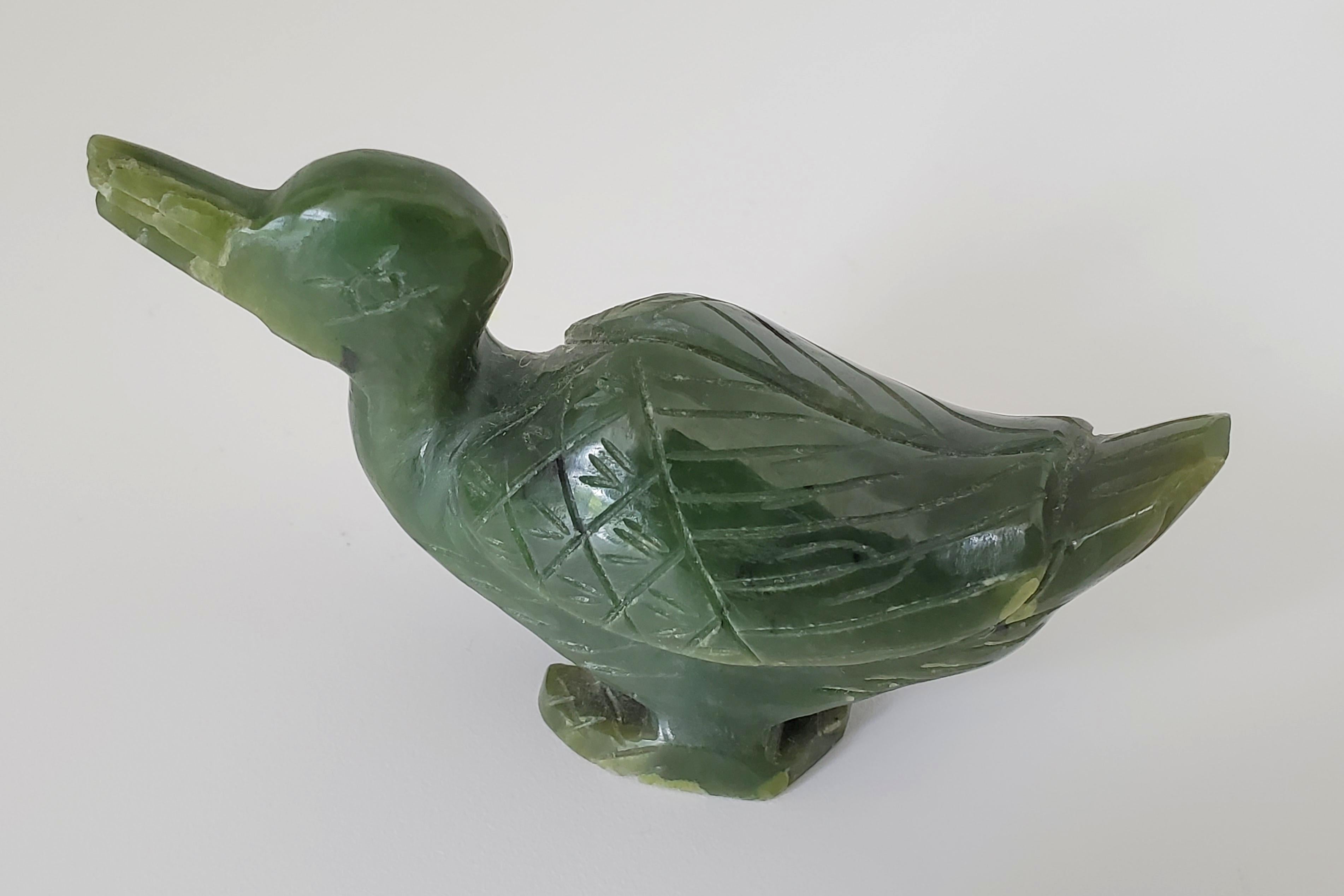 19th Century Natural Spinach Jade Duck and Rabbit Figures from Qing Dynasty For Sale