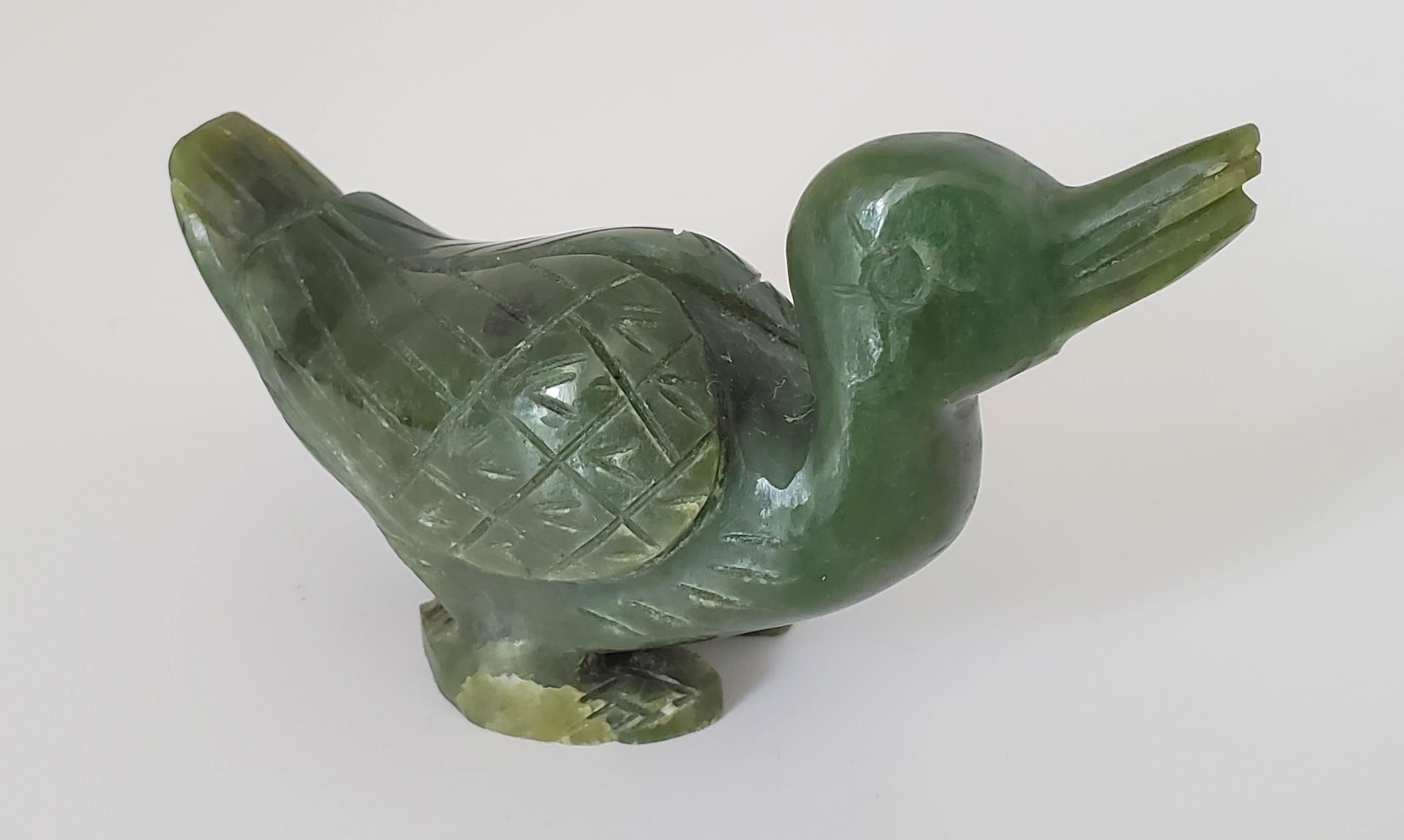Stone Natural Spinach Jade Duck and Rabbit Figures from Qing Dynasty For Sale