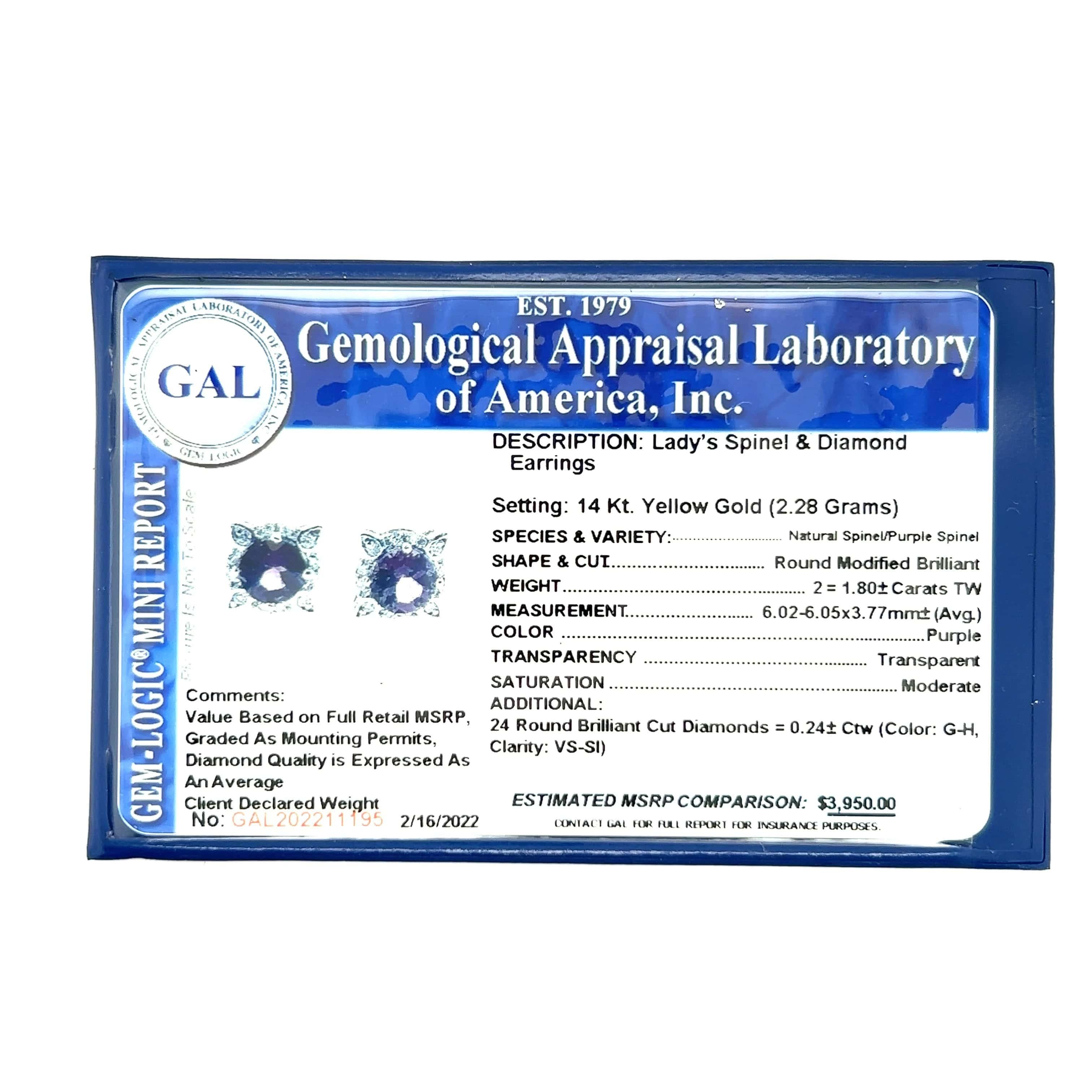 Natural Spinel Diamond Earrings 14k Y Gold 2.04 TCW Certified For Sale 3
