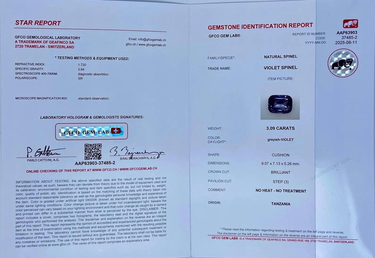 da uomo o donna Gemma naturale Spinello sfusa da 3,09 carati. Certificato, taglio a cuscino. Origine Tanzania in vendita
