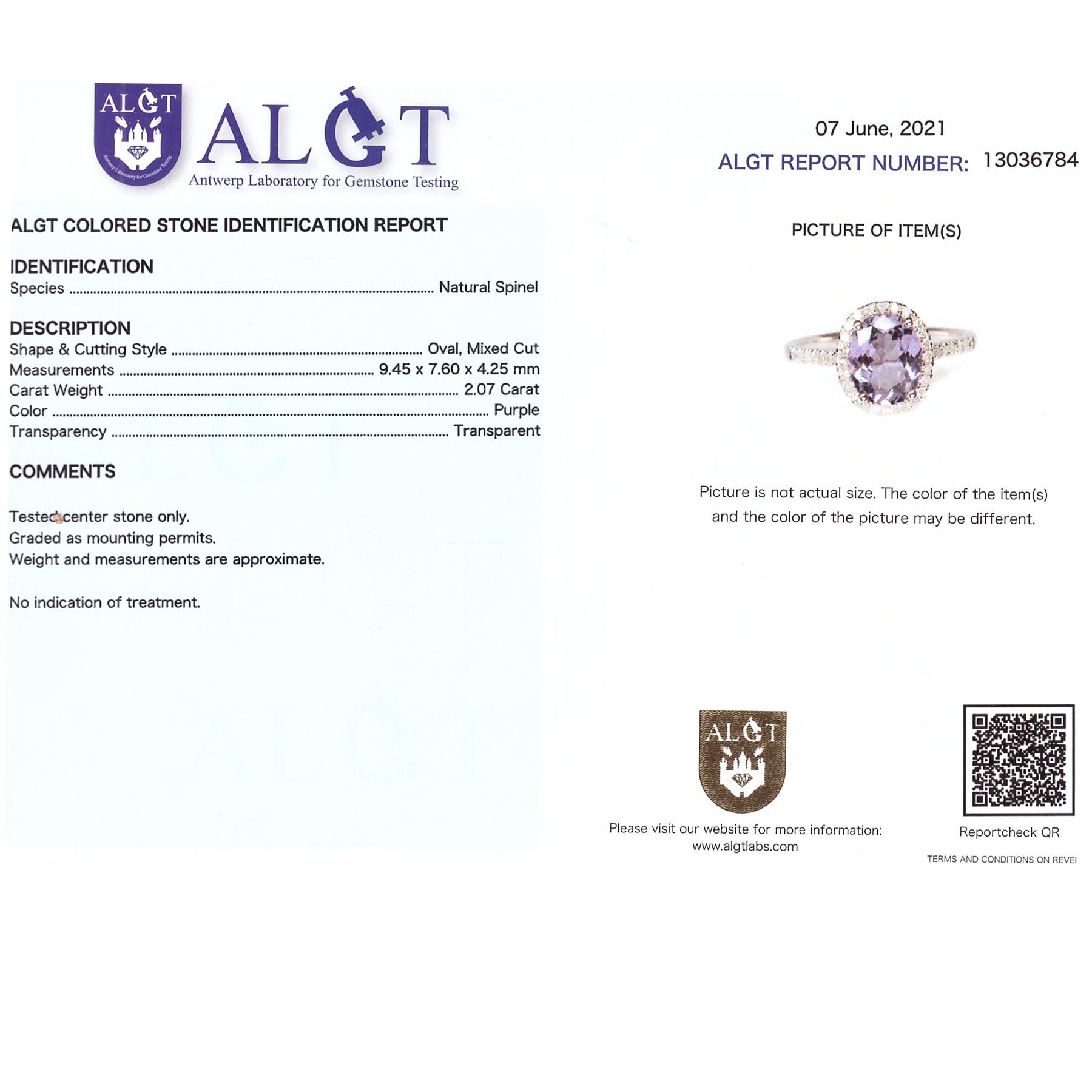 Round Cut Natural spinel no heat violet color ALGT certified Diamond Ring 18Kt White Gold For Sale