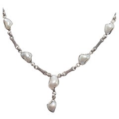 Natural Split River Pearl Necklace in Silver Art Nouveau Style