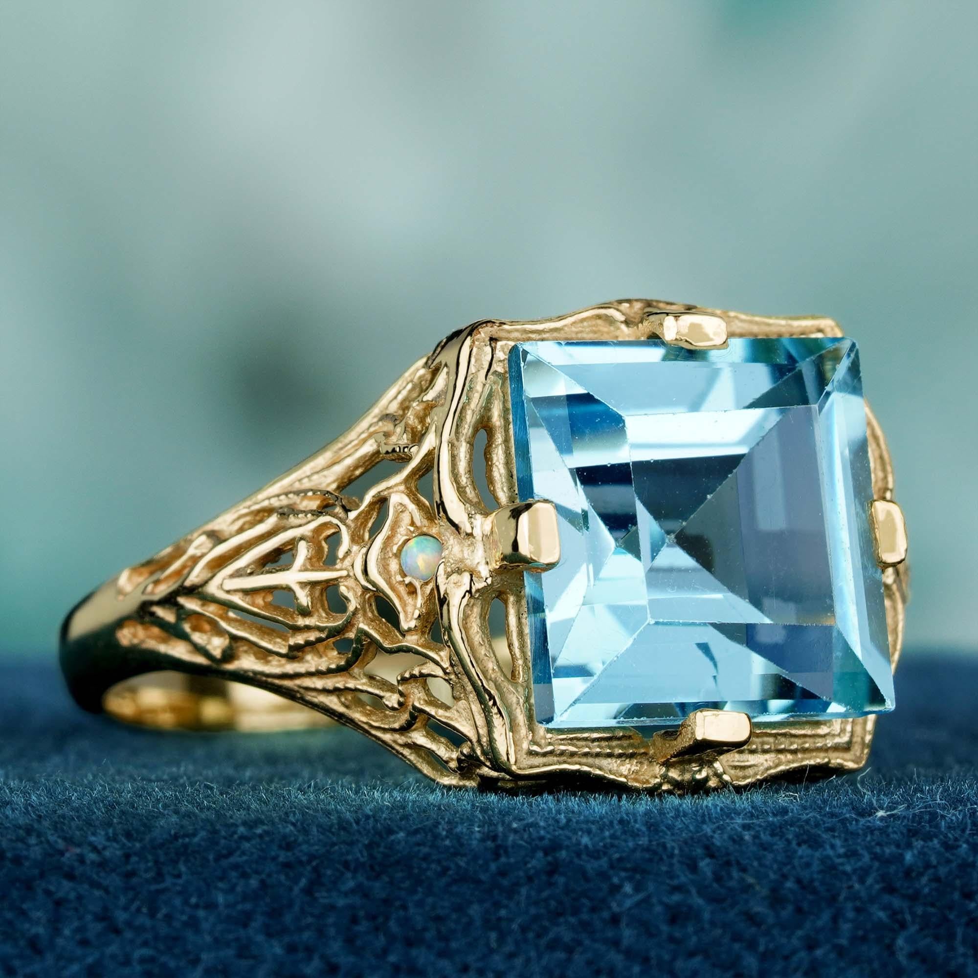 For Sale:  Natural Square Blue Topaz and Opal Vintage Style Filigree Ring in Solid 9K Gold 2