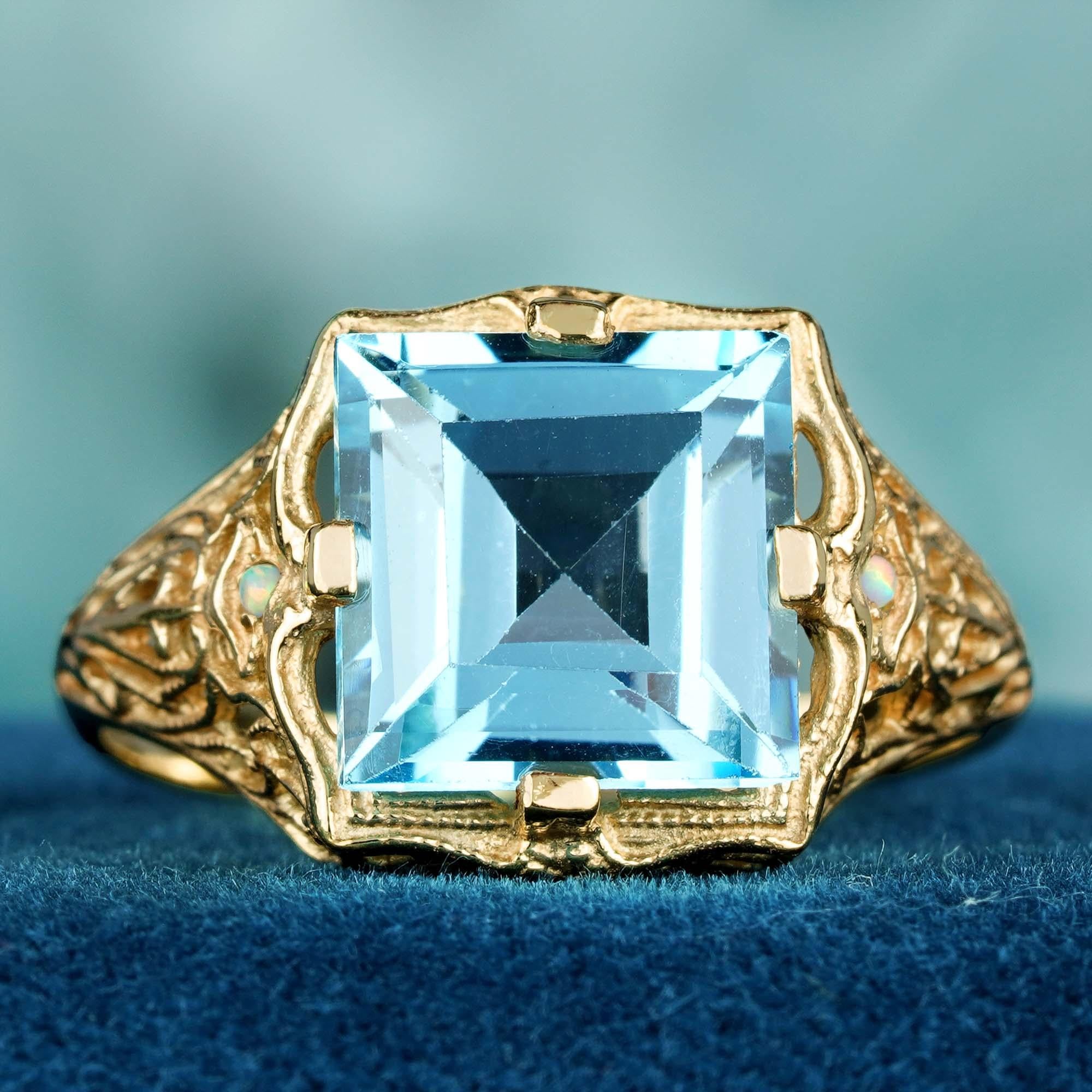 For Sale:  Natural Square Blue Topaz and Opal Vintage Style Filigree Ring in Solid 9K Gold 3