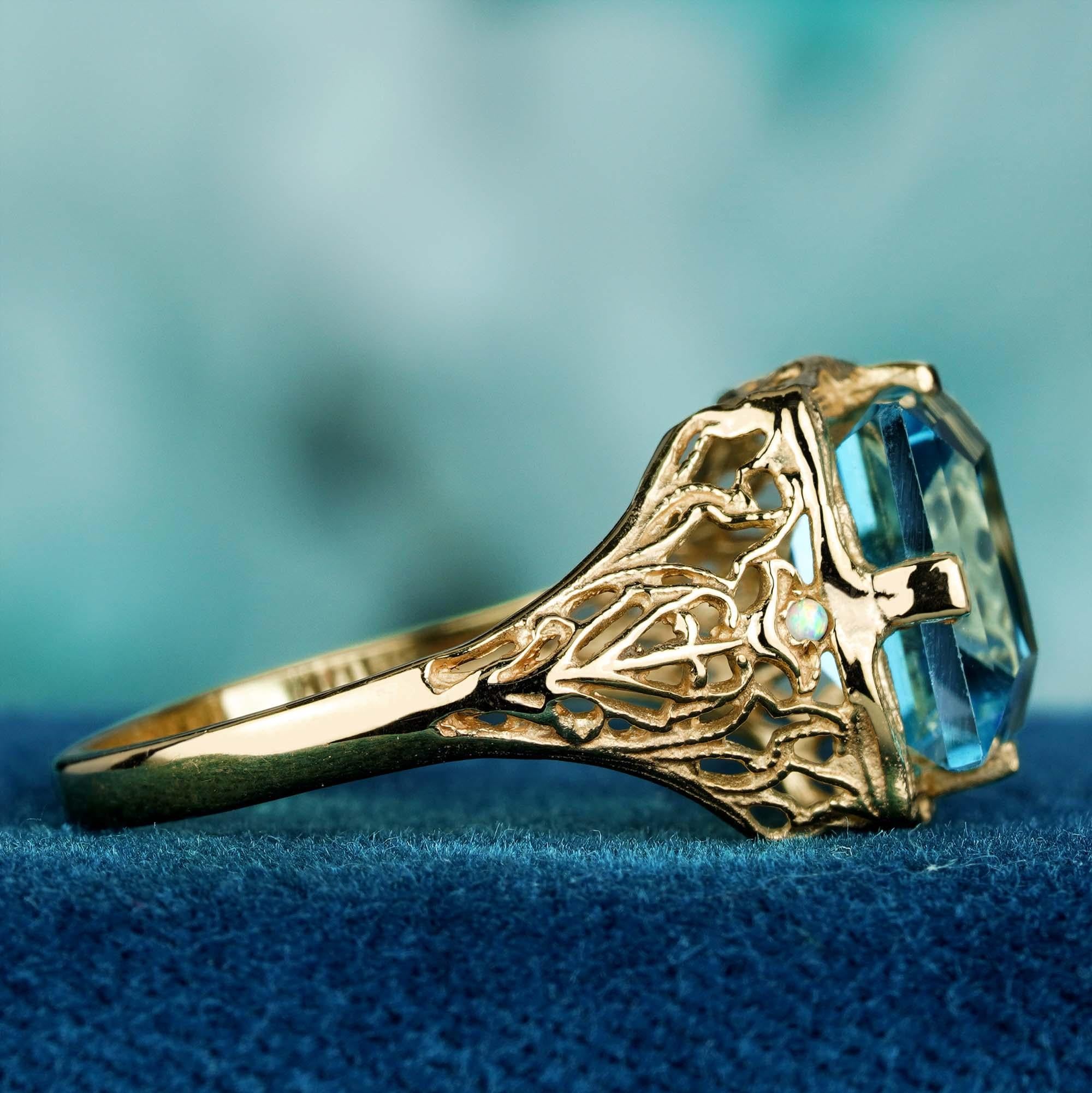 En venta: Anillo de filigrana cuadrado natural de topacio azul y ópalo estilo vintage en oro macizo de 9 quilates  4