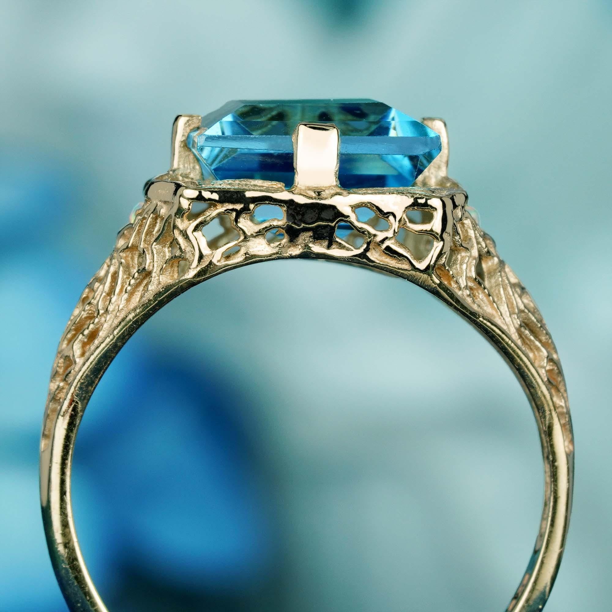 For Sale:  Natural Square Blue Topaz and Opal Vintage Style Filigree Ring in Solid 9K Gold 5